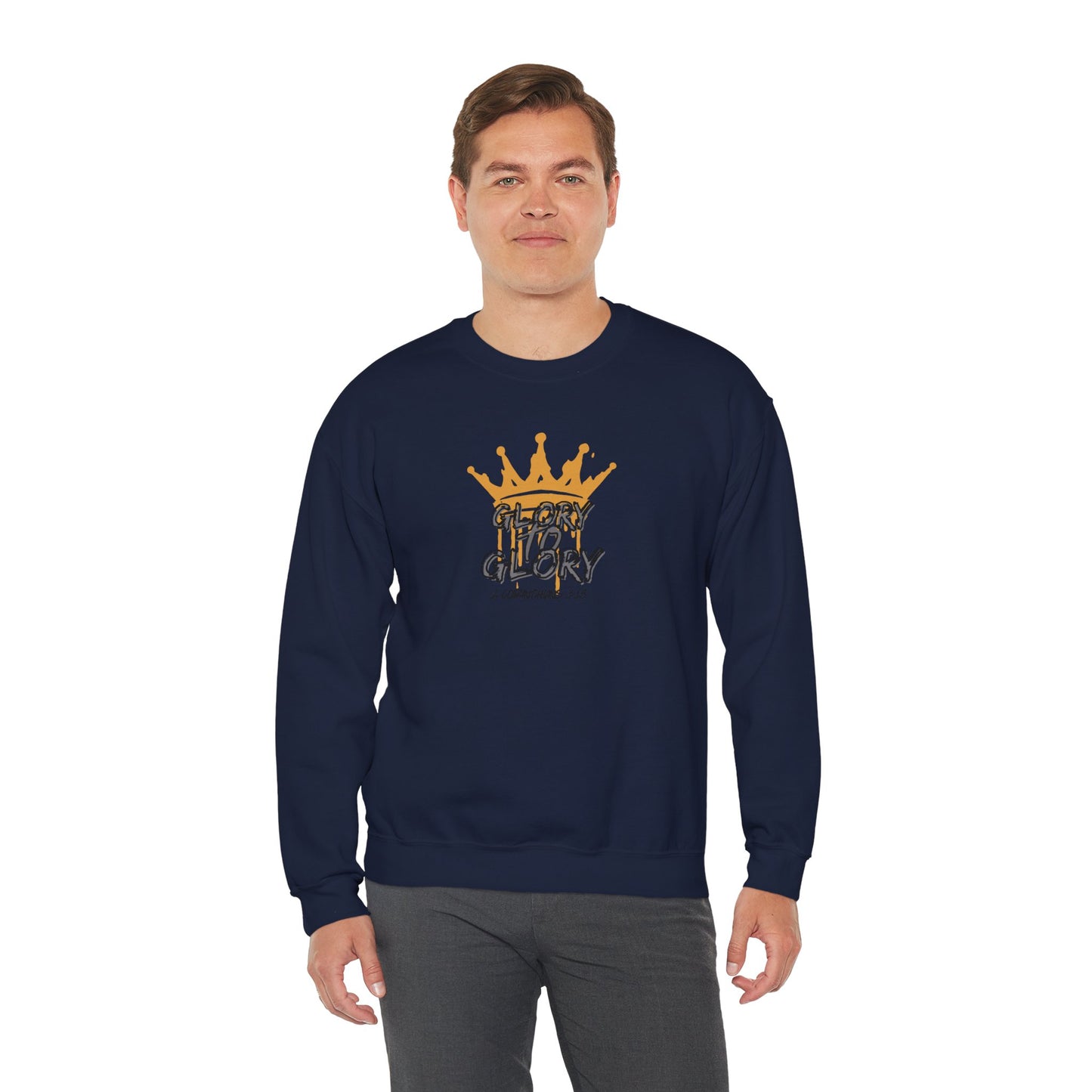 Logos navy sweatshirt with gold crown graphic and Glory to Glory inspirational apparel text