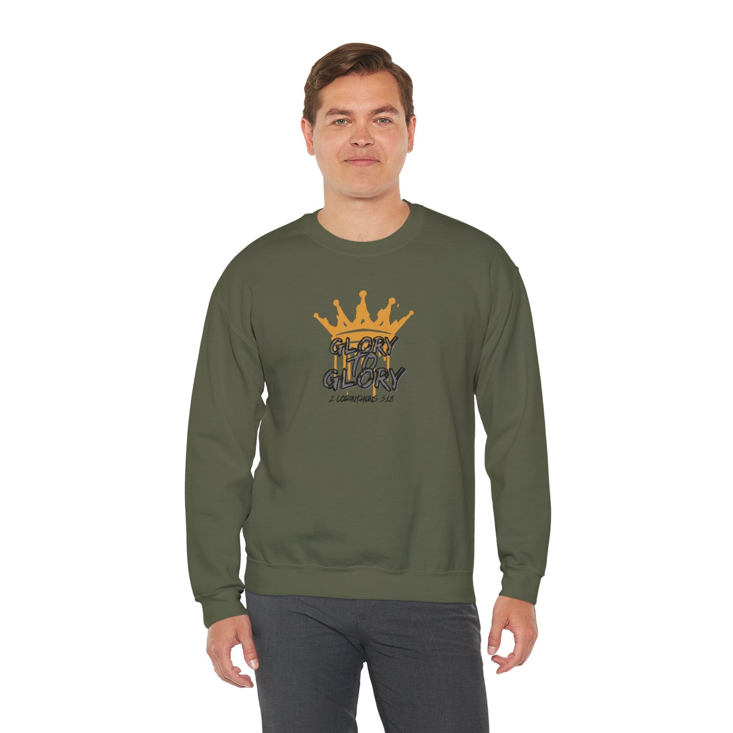 Logos olive green sweatshirt with Glory to Glory inspirational apparel text and crown graphic