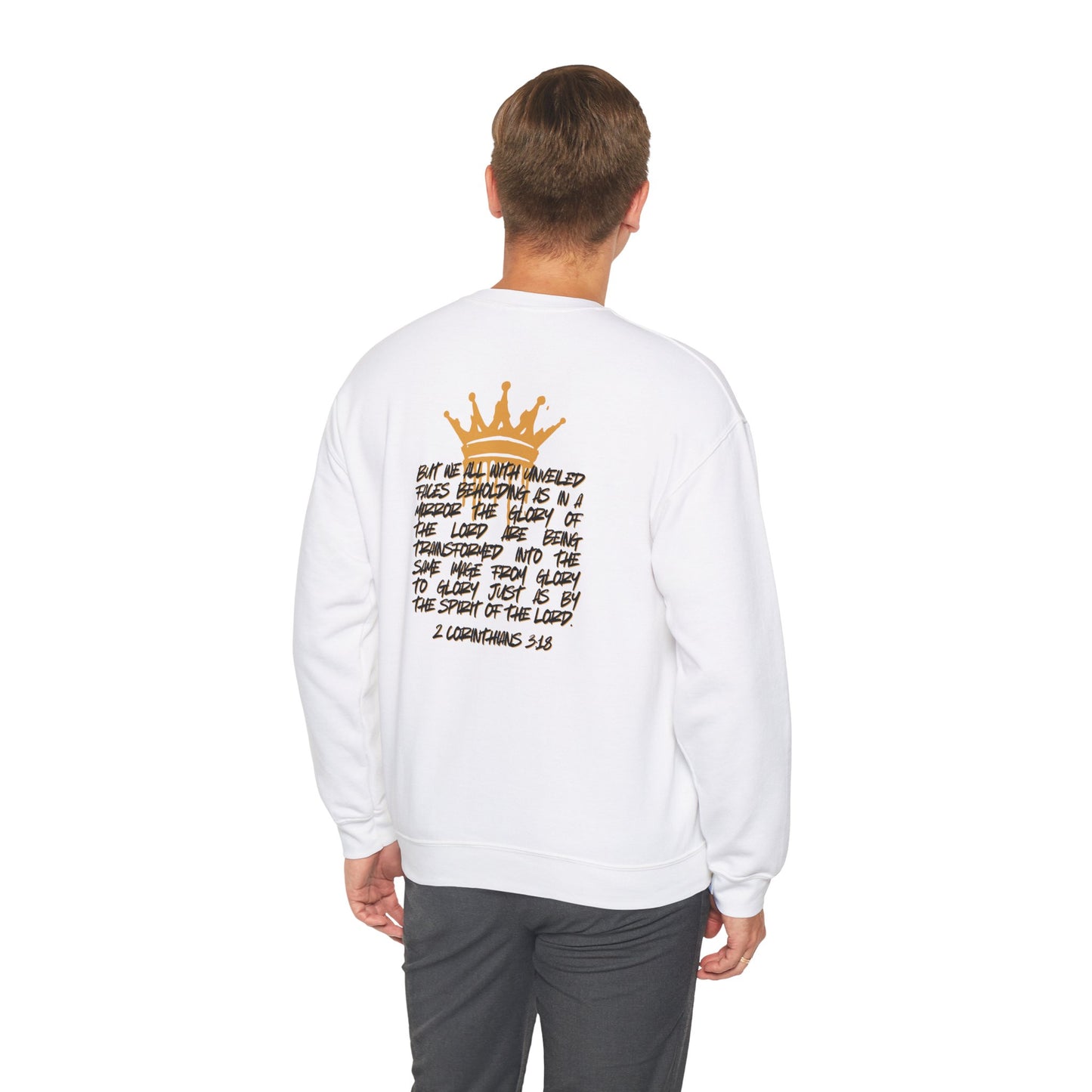 Logos white sweatshirt featuring Glory to Glory inspirational apparel design with crown and Bible verse on back