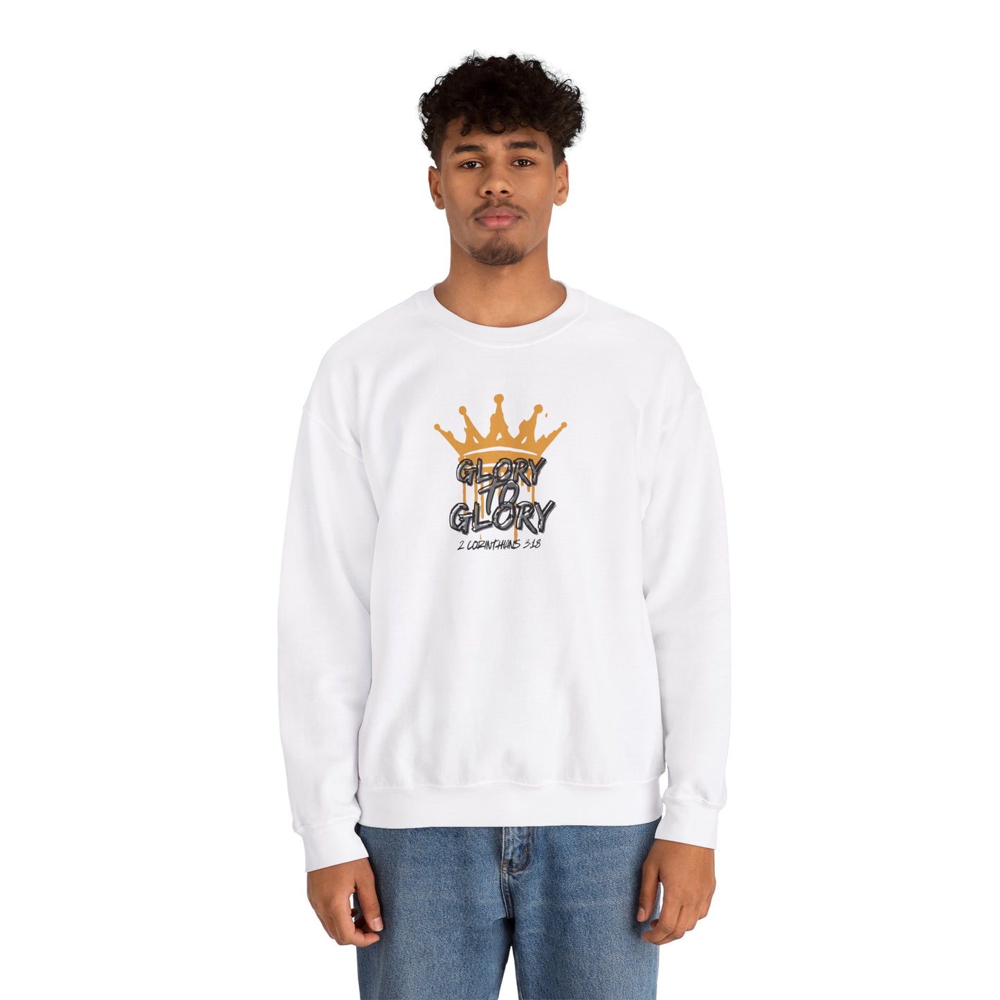 White sweatshirt with gold crown and Glory to Glory inspirational apparel text worn by male model
