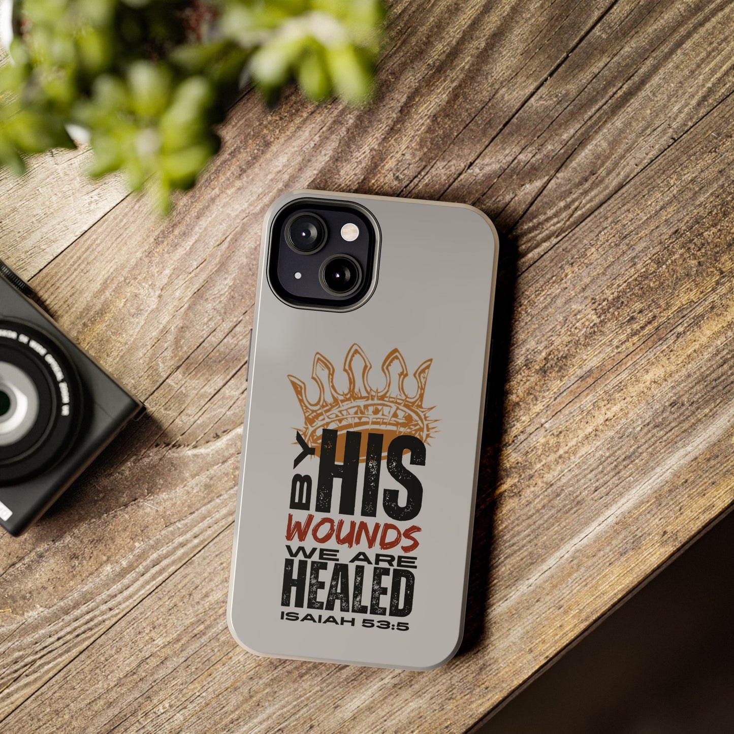 Logos Co. gray scripture phone cover with Isaiah 53:5 healing Bible verse design