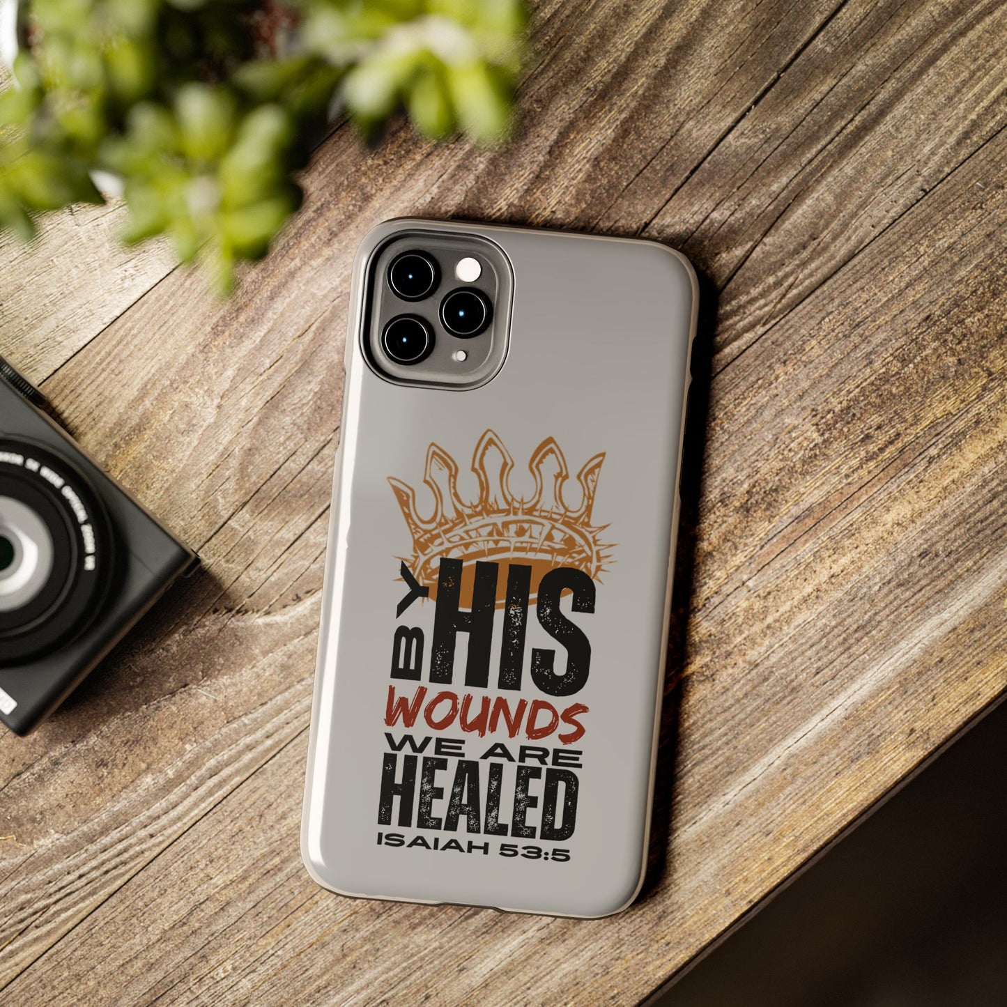 Logos Co. gray scripture phone cover with Isaiah 53:5 healing design for iPhone