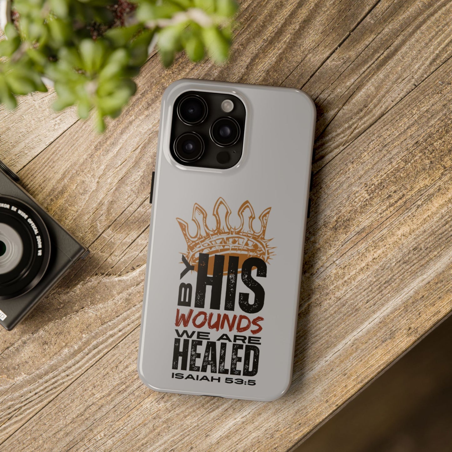 Logos gray scripture phone cover with Isaiah 53:5 Christ Our Healer Bible verse design