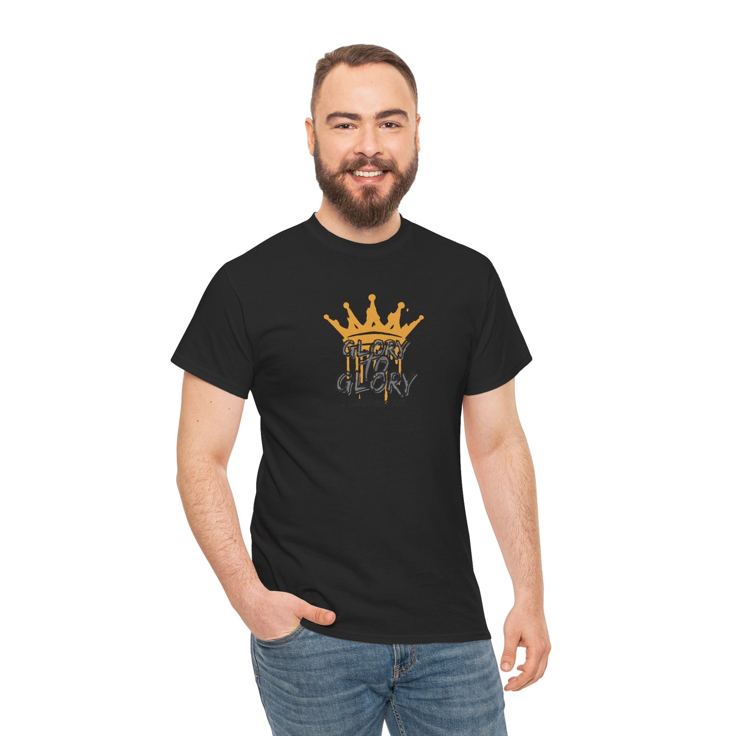 Man wearing a black heavy cotton Scripture shirt with gold crown and text design from Logos Co.