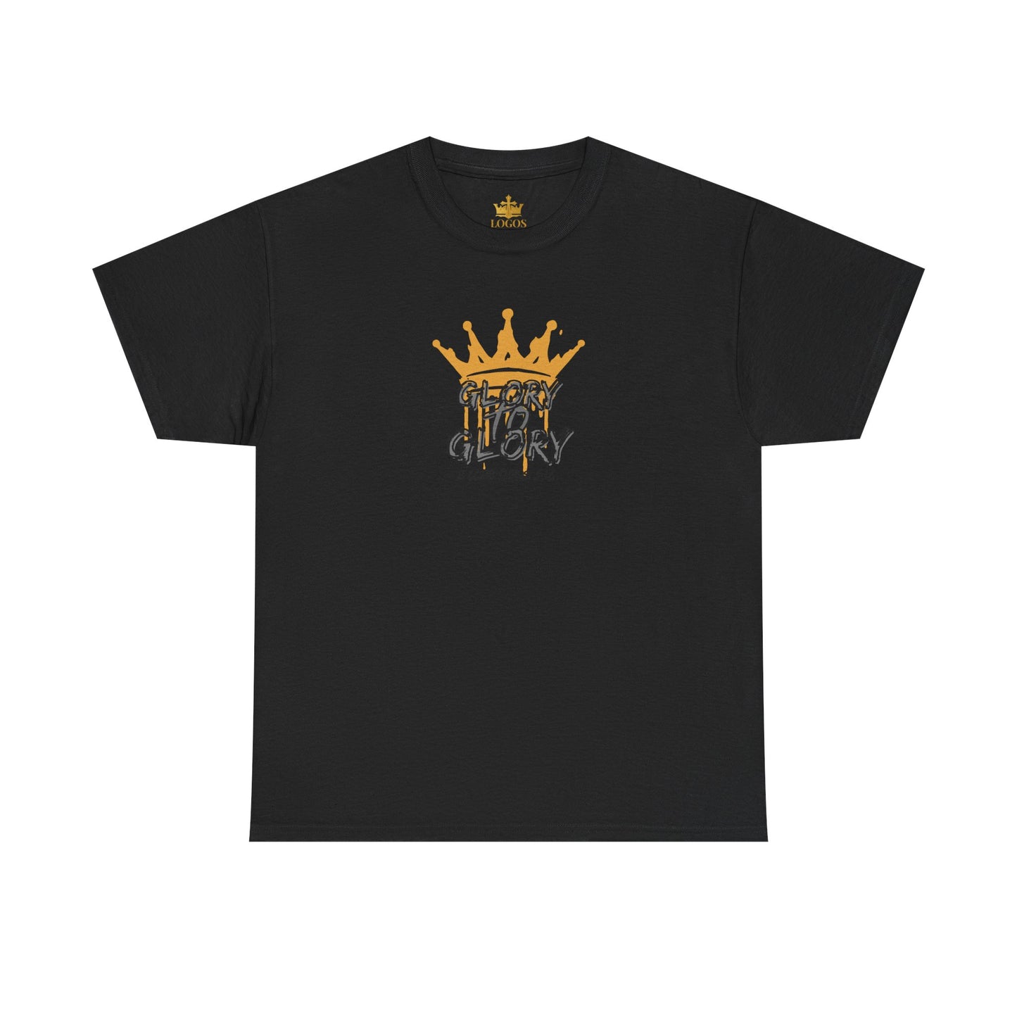 Black heavy cotton Scripture shirt with gold crown and glory text print by Logos Co.