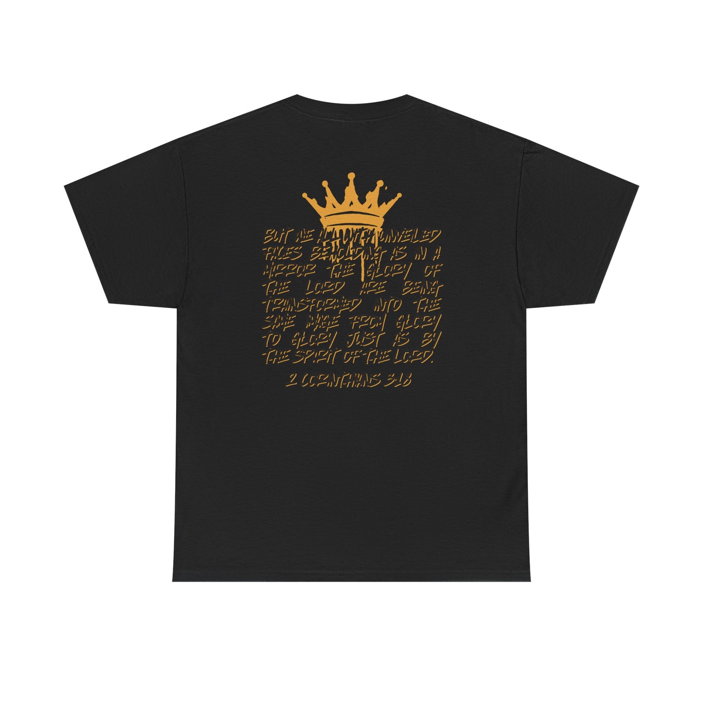Black heavy cotton Scripture shirt with gold crown and Bible verse design on the back