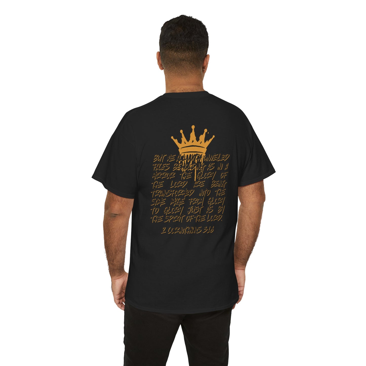 Black heavy cotton Scripture shirt with gold crown and handwritten Bible verse design on back