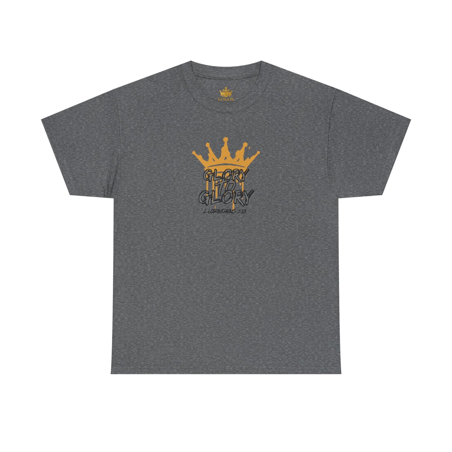 Logos Co. heavy cotton Scripture shirt in gray with gold crown and Glory design on front