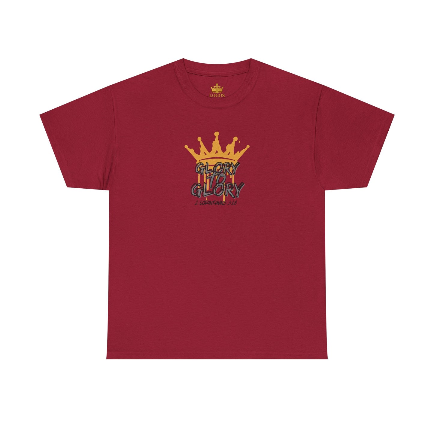 Red heavy cotton Scripture shirt with golden crown and Glory design by Logos Co.