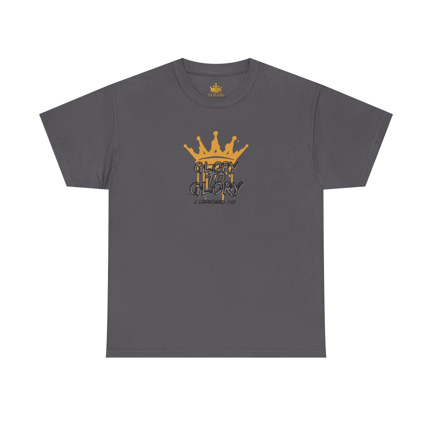Gray heavy cotton Scripture shirt with gold crown and Glory text printed on front by Logos