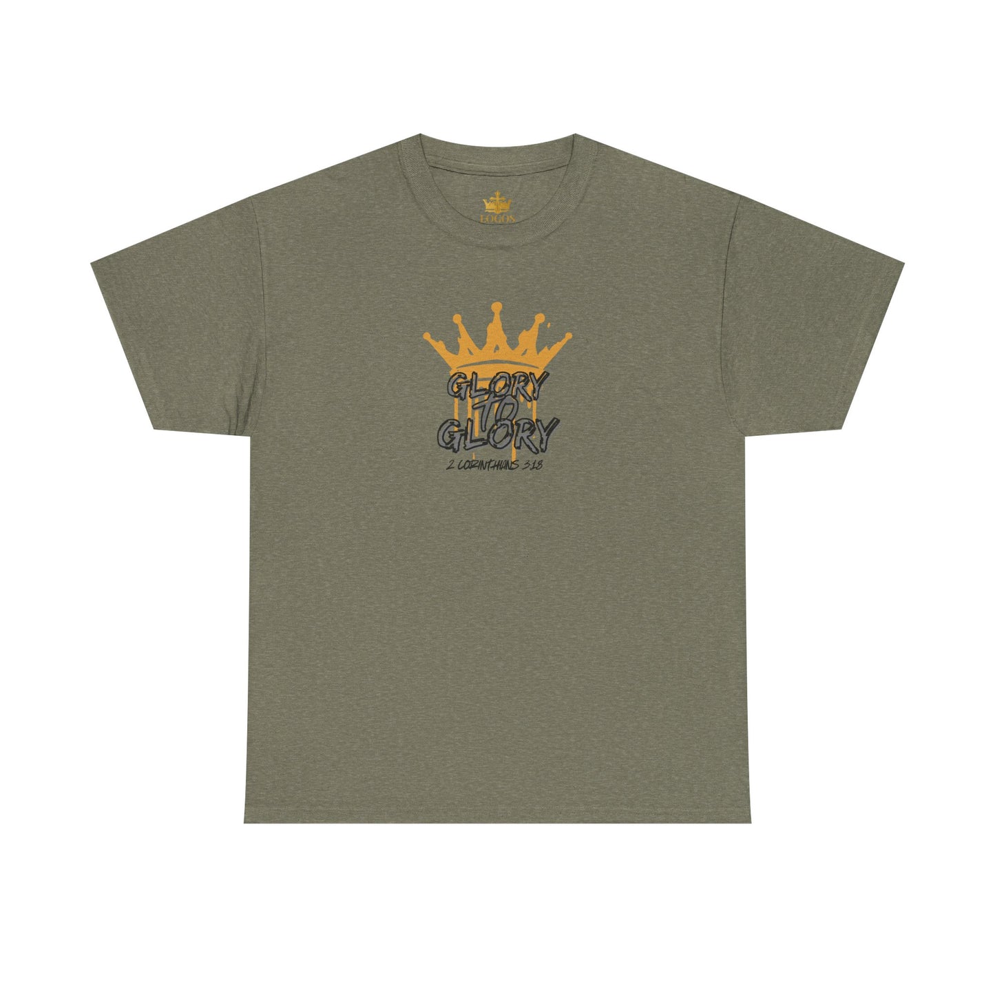Heather military green heavy cotton Scripture shirt with gold crown and Glory to Glory text design