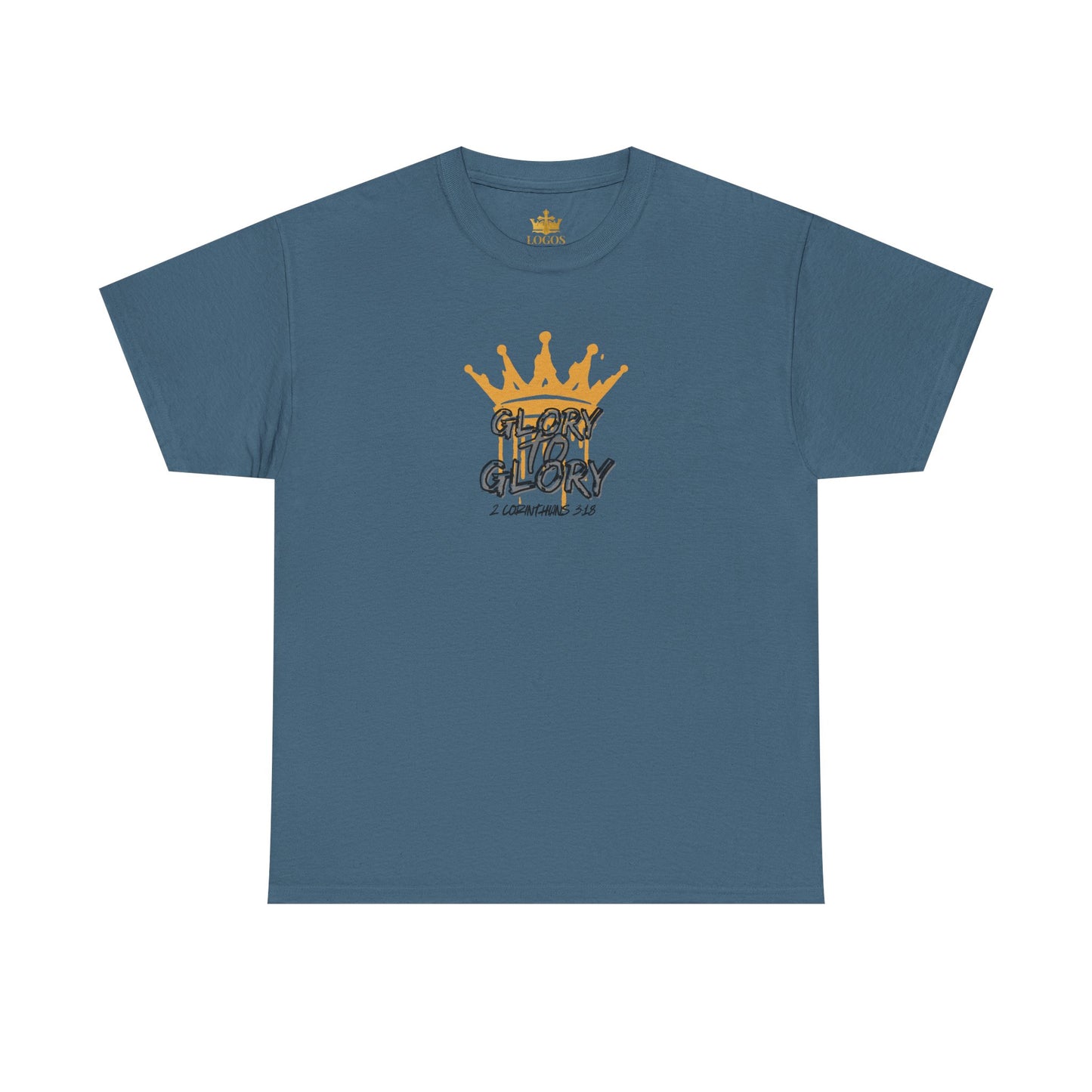Blue heavy cotton Scripture shirt with yellow crown and Glory to Glory text printed on front