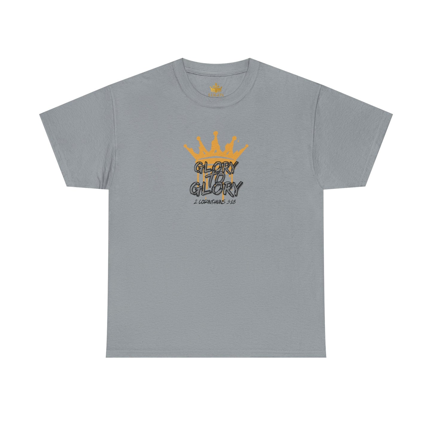 Gray heavy cotton Scripture shirt with gold crown and Glory text design by Logos Co.