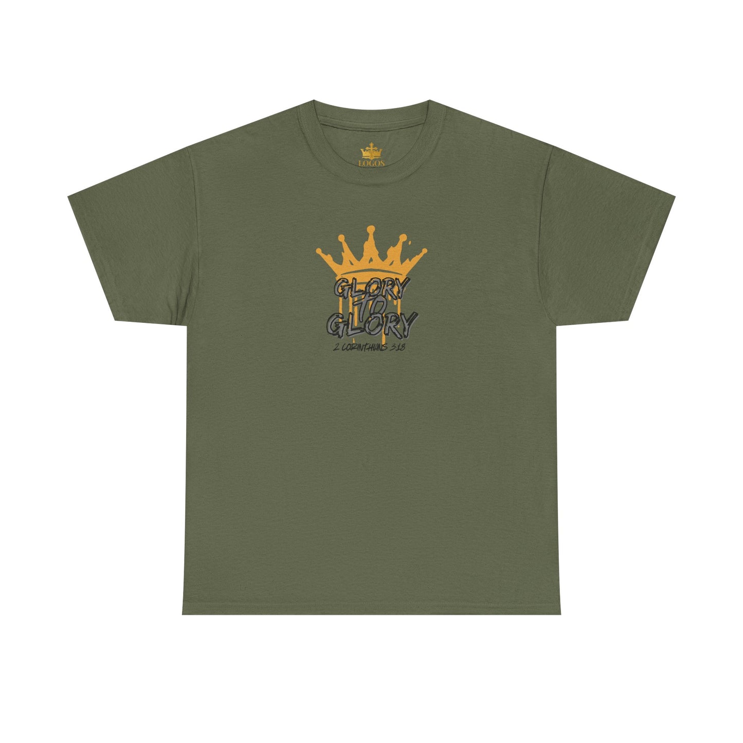 Military green heavy cotton Scripture shirt with gold crown and Glory text from Logos Co.