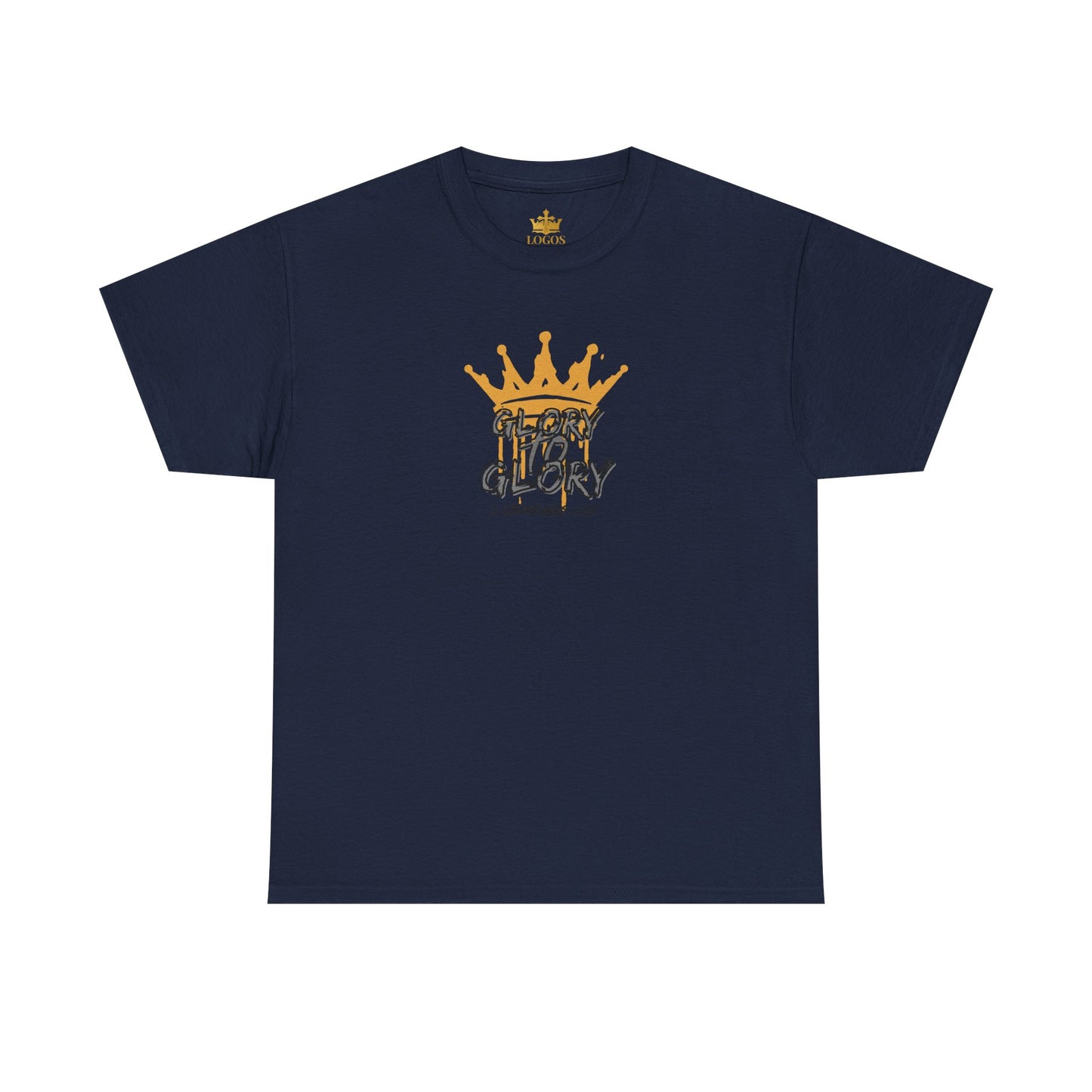 Navy blue heavy cotton Scripture shirt by Logos featuring a gold crown and text design on front