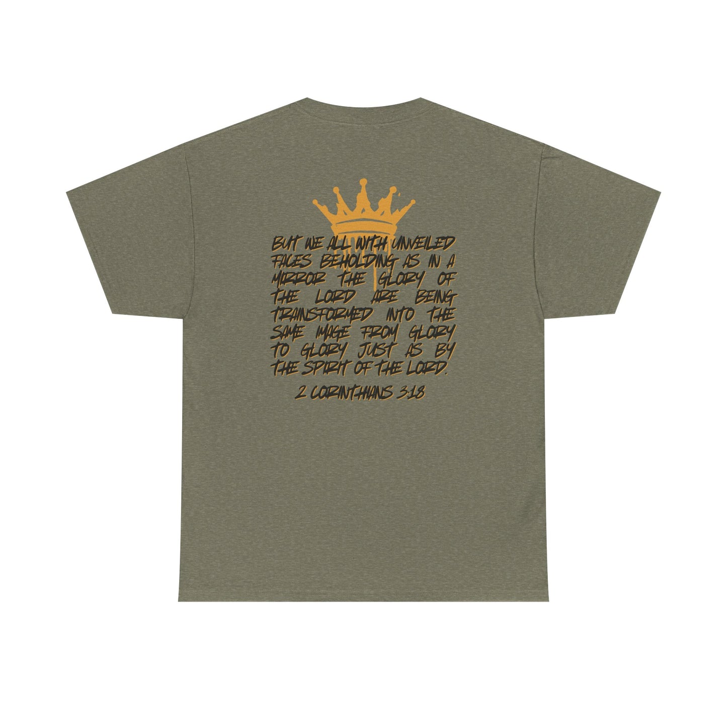 Logos Co. heavy cotton Scripture shirt with 2 Corinthians 3:18 verse and crown design on back