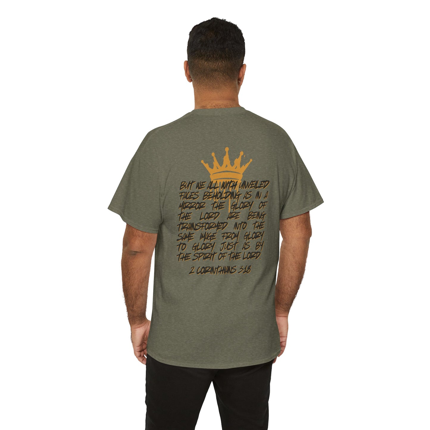Back view of a man wearing a heavy cotton Scripture shirt with gold crown and Bible verse print