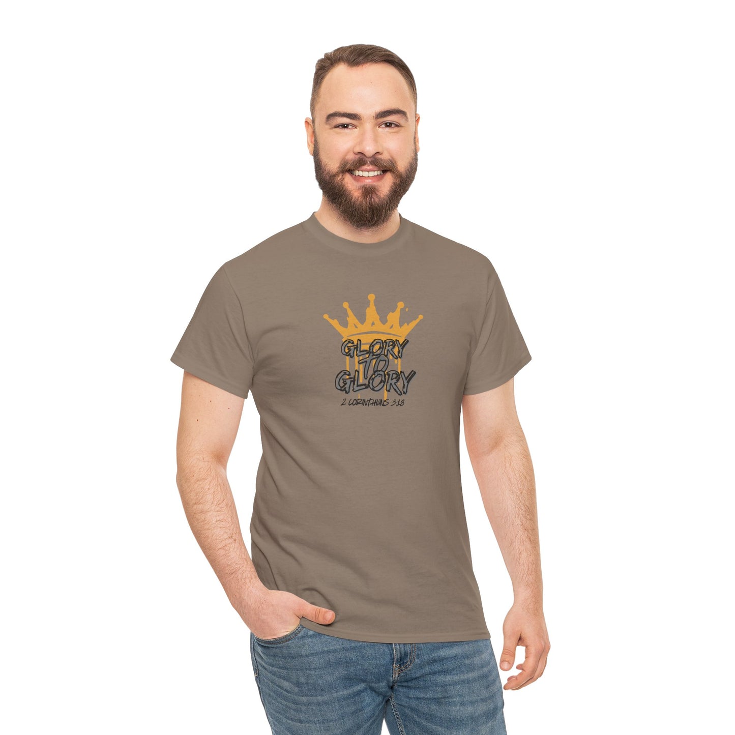 Men's heavy cotton Scripture shirt in brown with glory crown graphic and Bible verse design