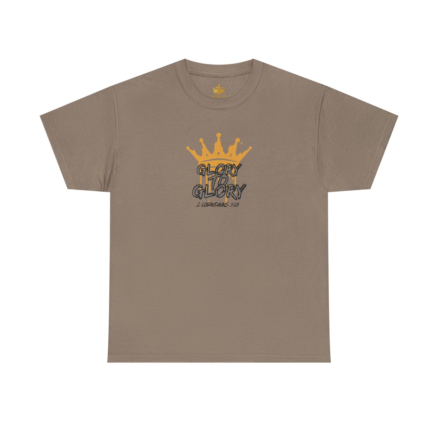 Logos Co. taupe heavy cotton Scripture shirt with yellow crown and Glory to Glory text