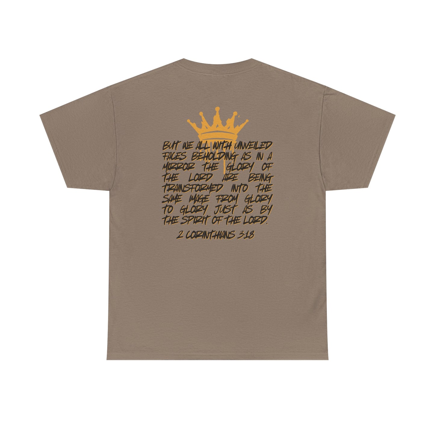 Logos Co. heavy cotton Scripture shirt with Bible verse and crown graphic on the back in brown