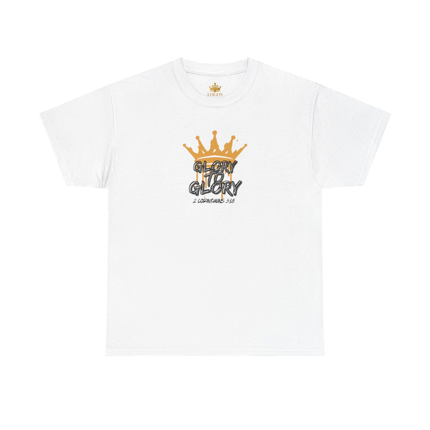 White heavy cotton Scripture shirt by Logos Co. with gold crown and Glory text design