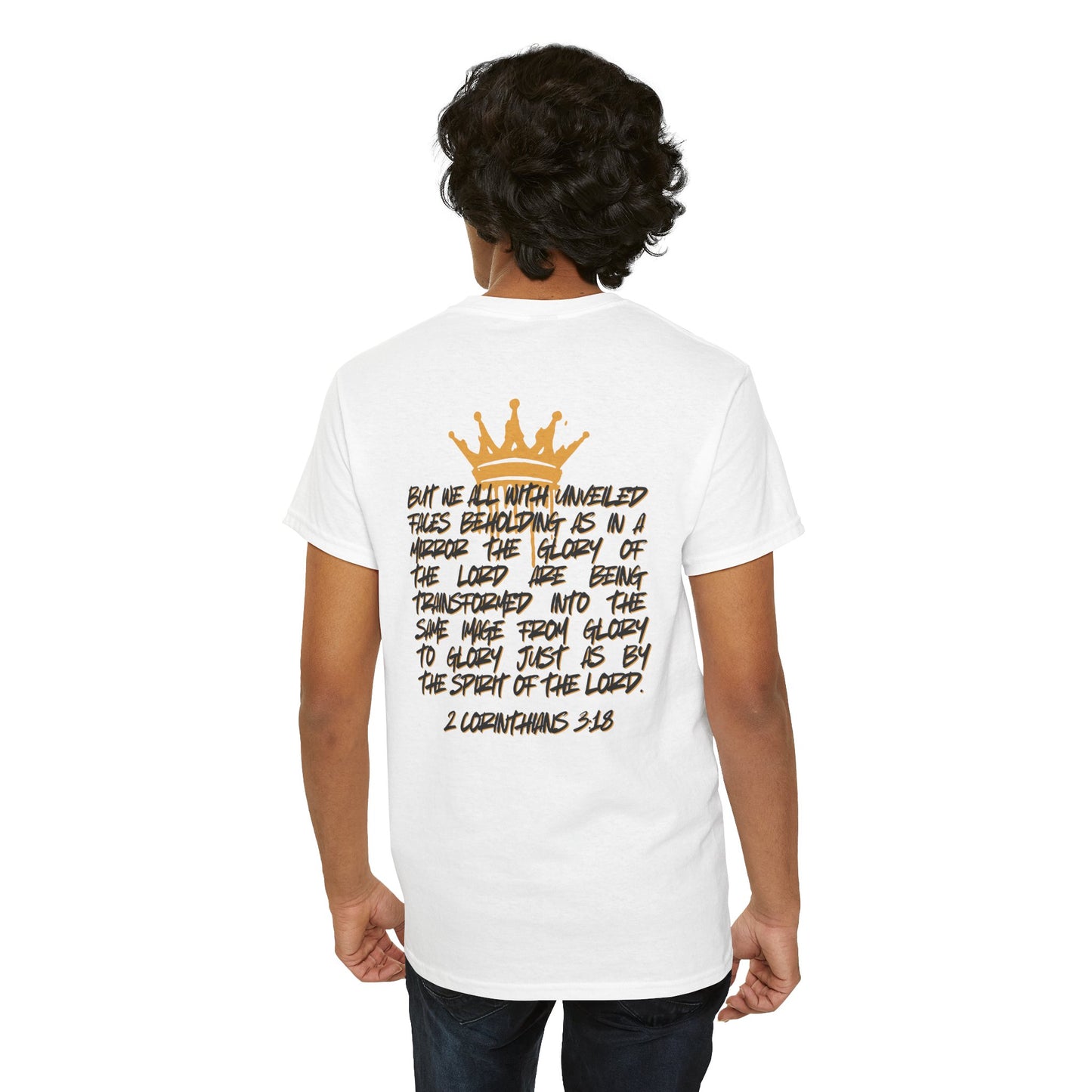 White Logos Co. heavy cotton Scripture shirt featuring a Bible verse and gold crown design on the back