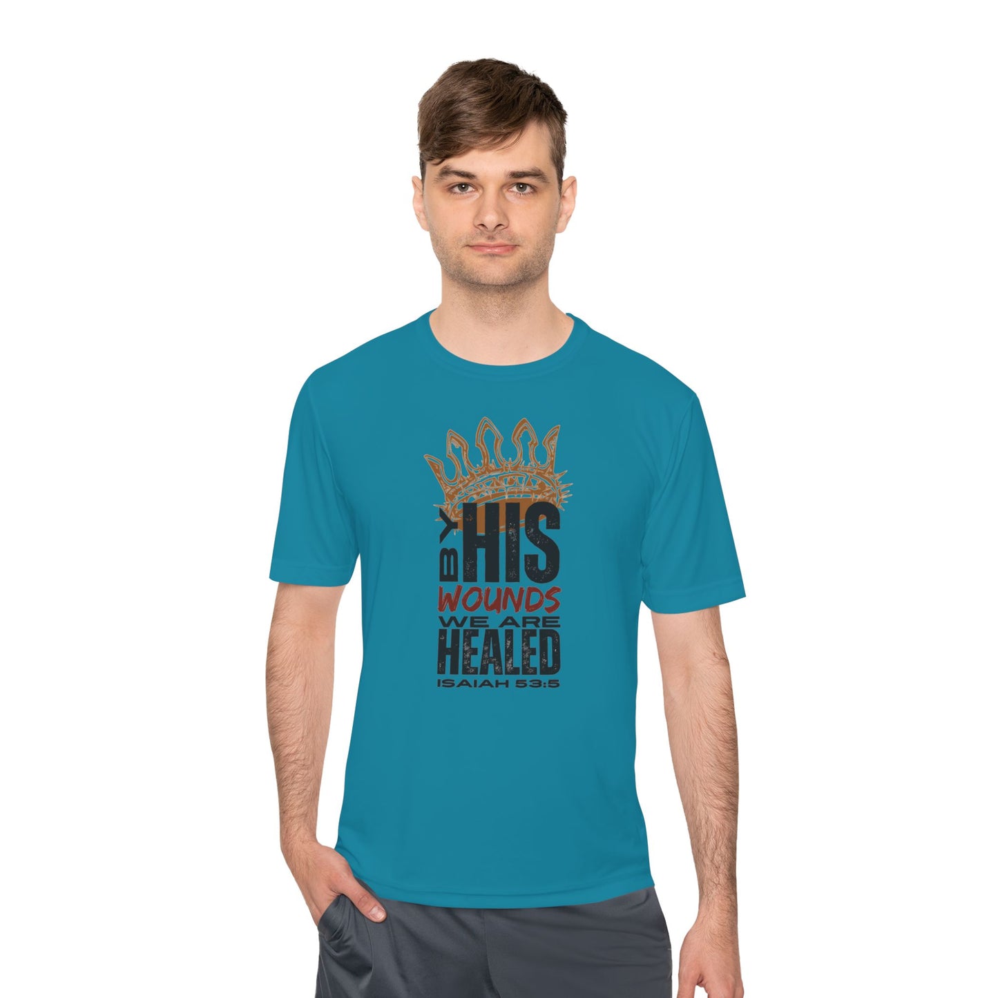 Isaiah 53:5 active wear sports tee in blue with inspirational graphic design