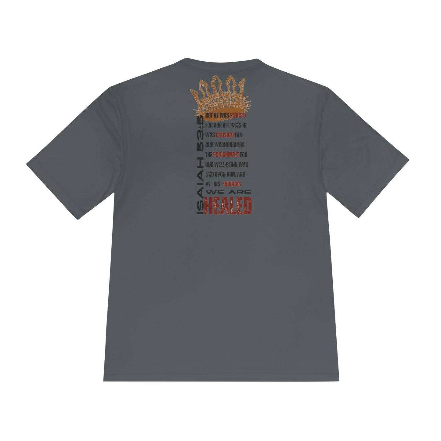 Isaiah 53:5 active wear sports tee in gray with inspirational text design on the back