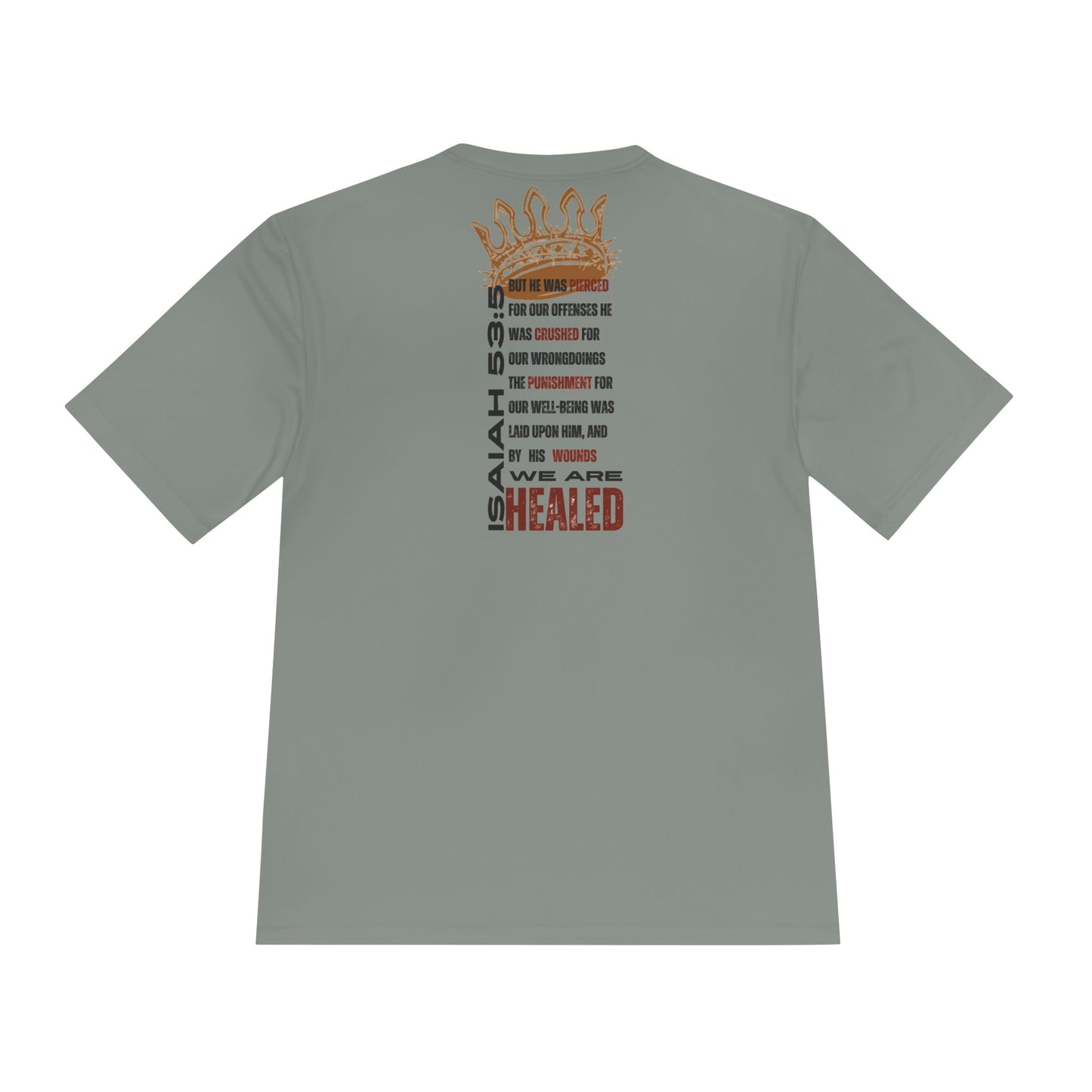 Isaiah 53:5 active wear sports tee in gray with a bold graphic print on the back