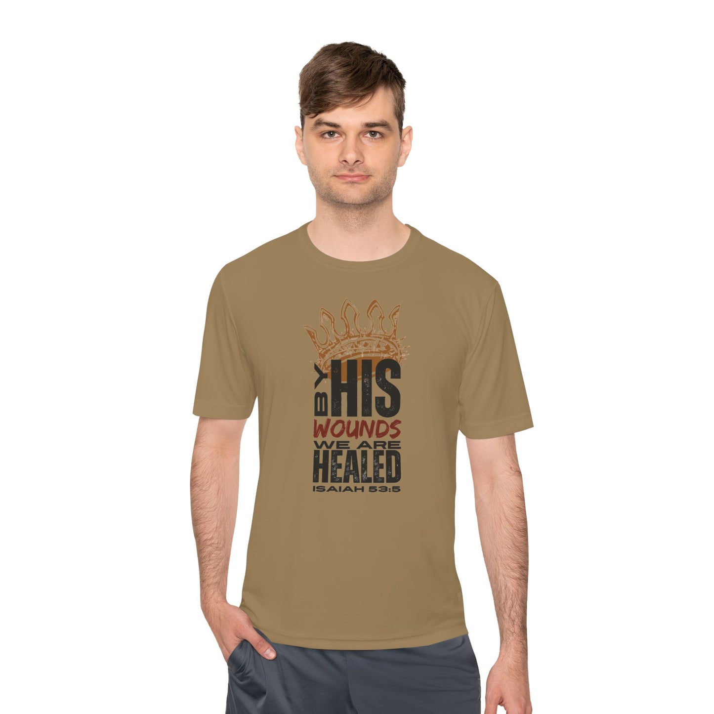 Isaiah 53:5 active wear sports tee in beige with inspirational text for fitness enthusiasts