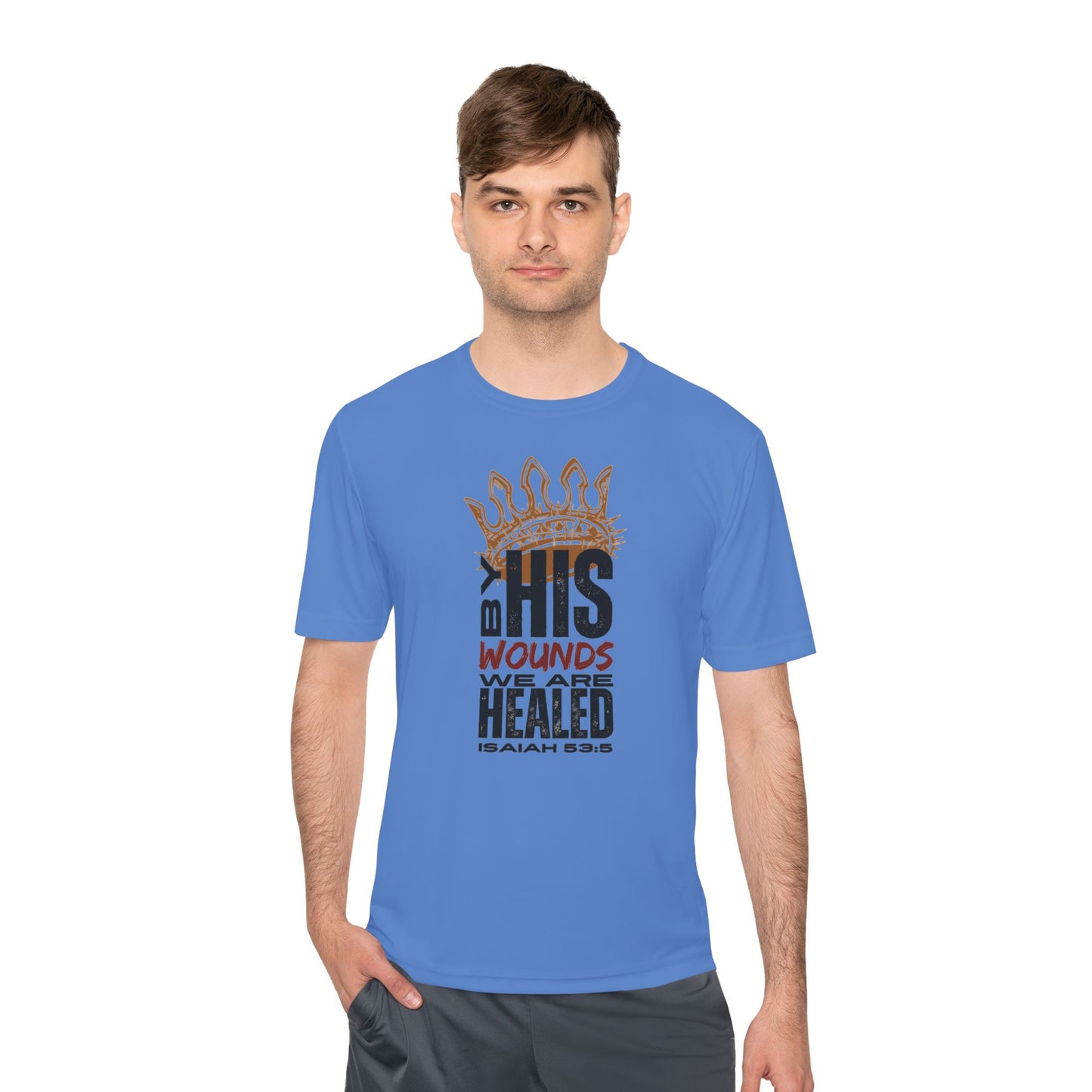 Blue Isaiah 53:5 active wear sports tee with inspirational graphic design for fitness enthusiasts