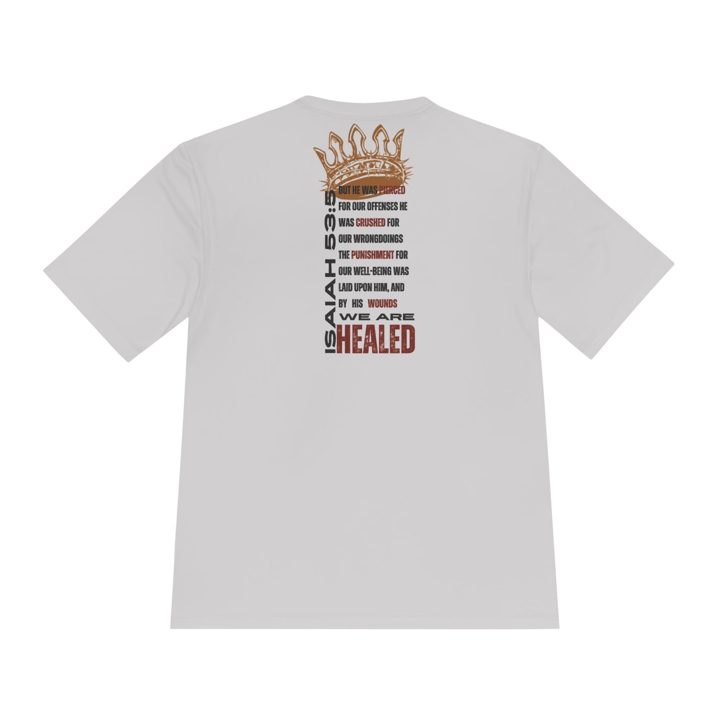 Isaiah 53:5 active wear sports tee in light gray with inspirational text and crown design