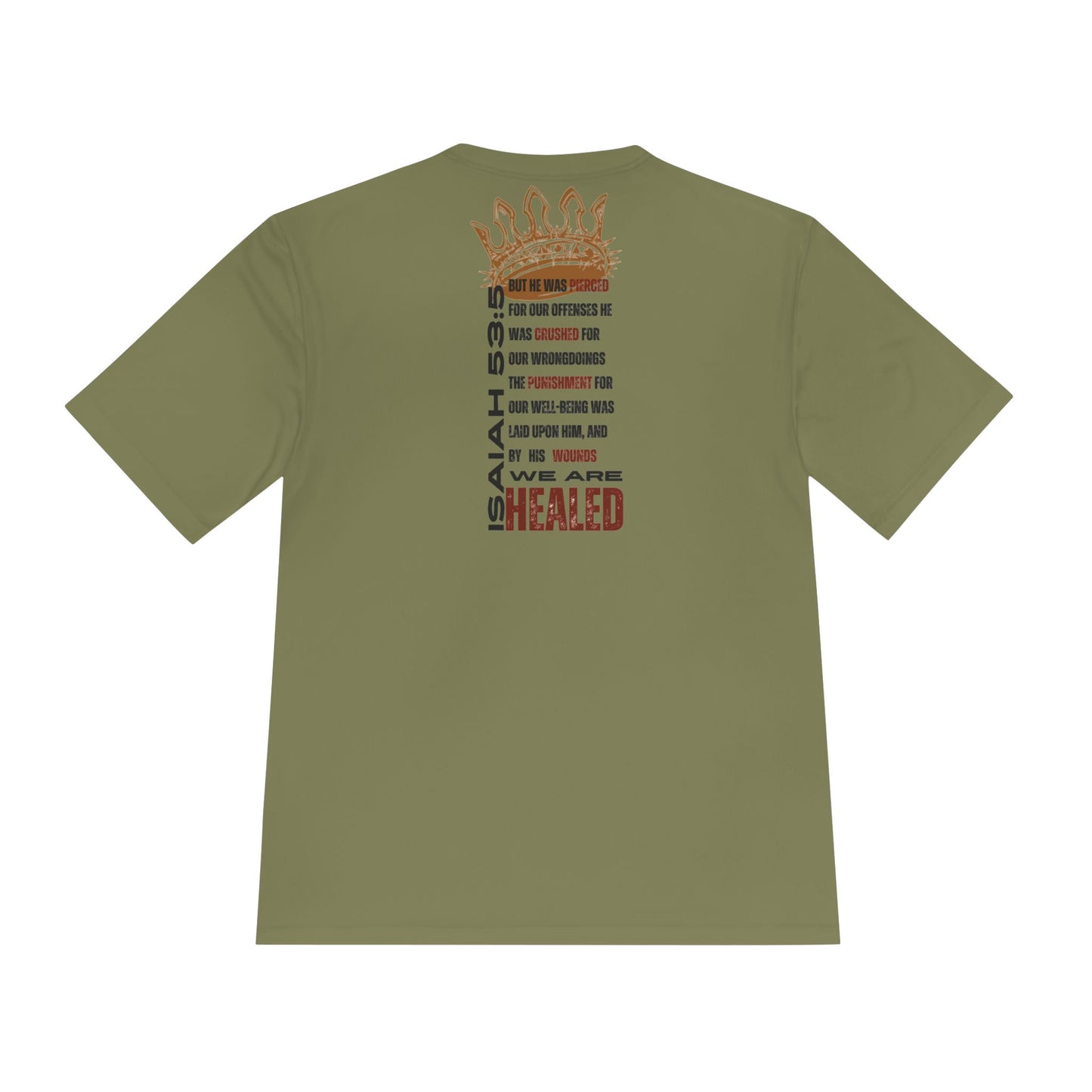 Isaiah 53:5 active wear sports tee in olive green with inspirational text on the back