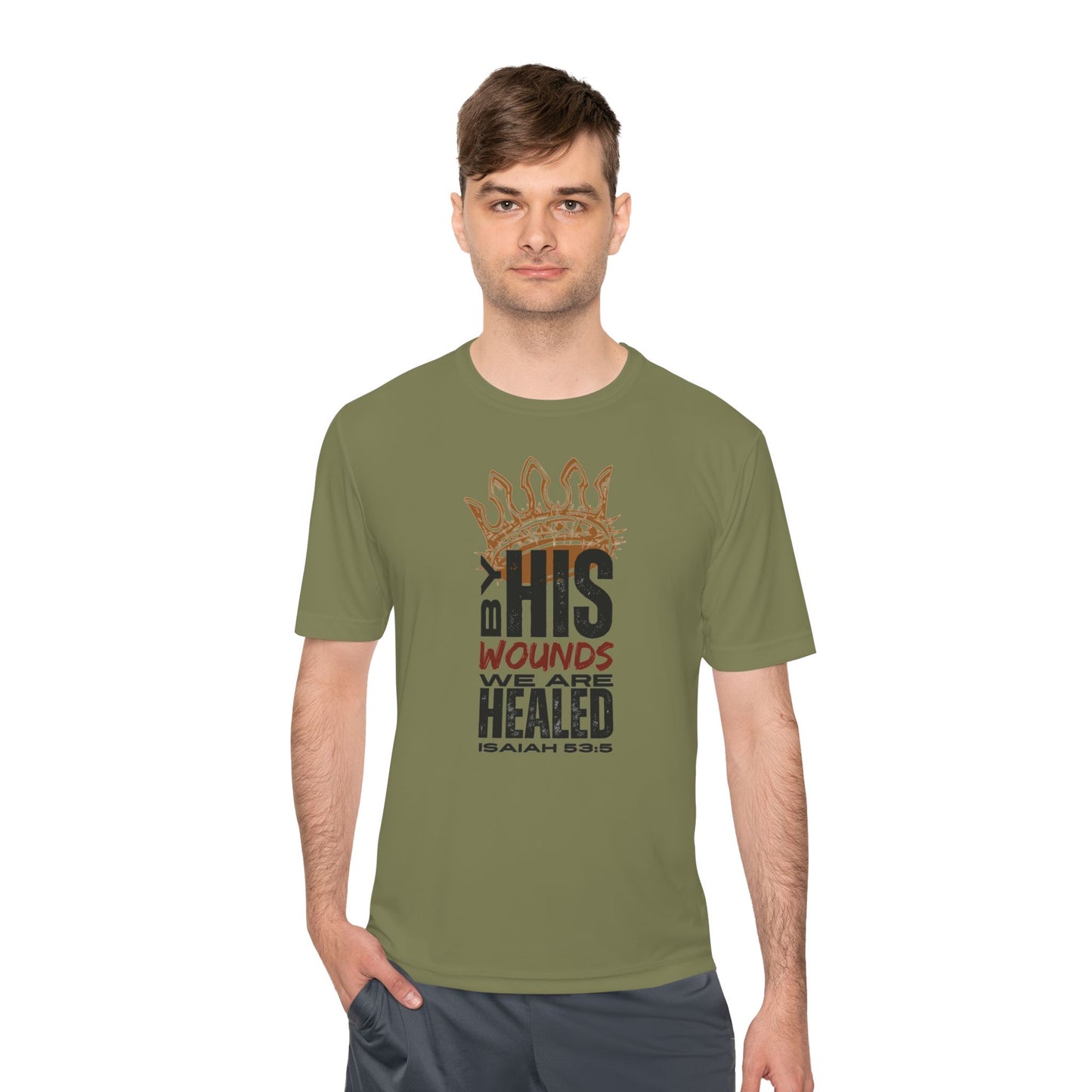 Isaiah 53:5 active wear sports tee in olive green with inspirational text for fitness enthusiasts