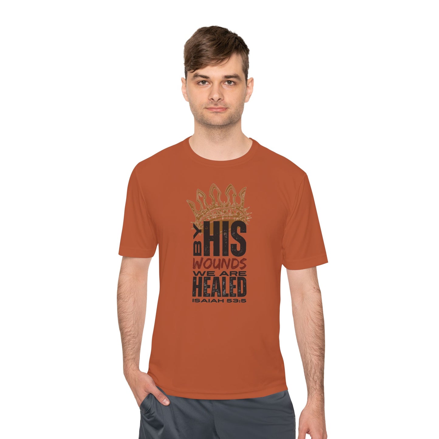 Isaiah 53:5 active wear sports tee in orange with healing message design for comfortable fitness wear