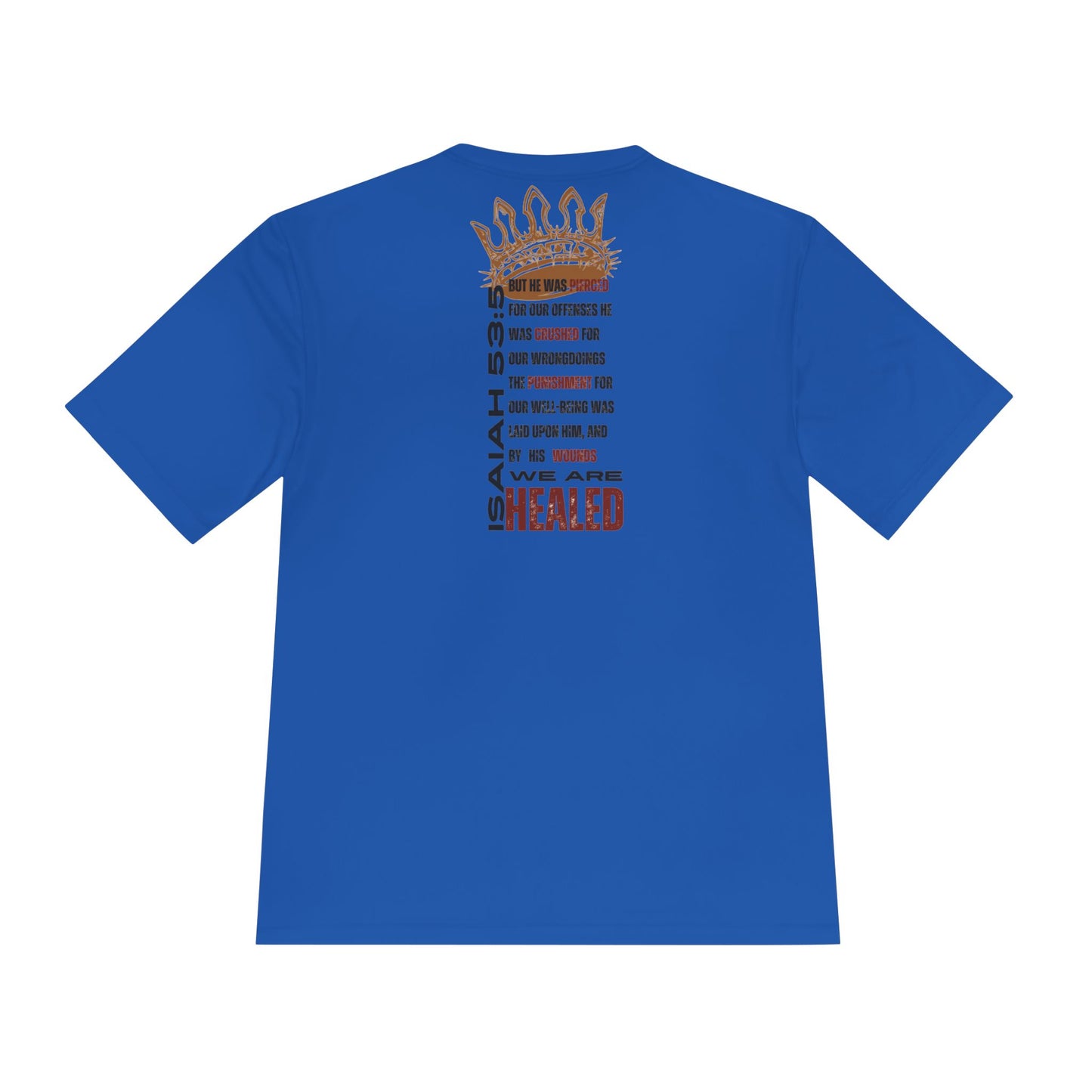 Isaiah 53:5 active wear sports tee in blue with inspirational graphic design on the back