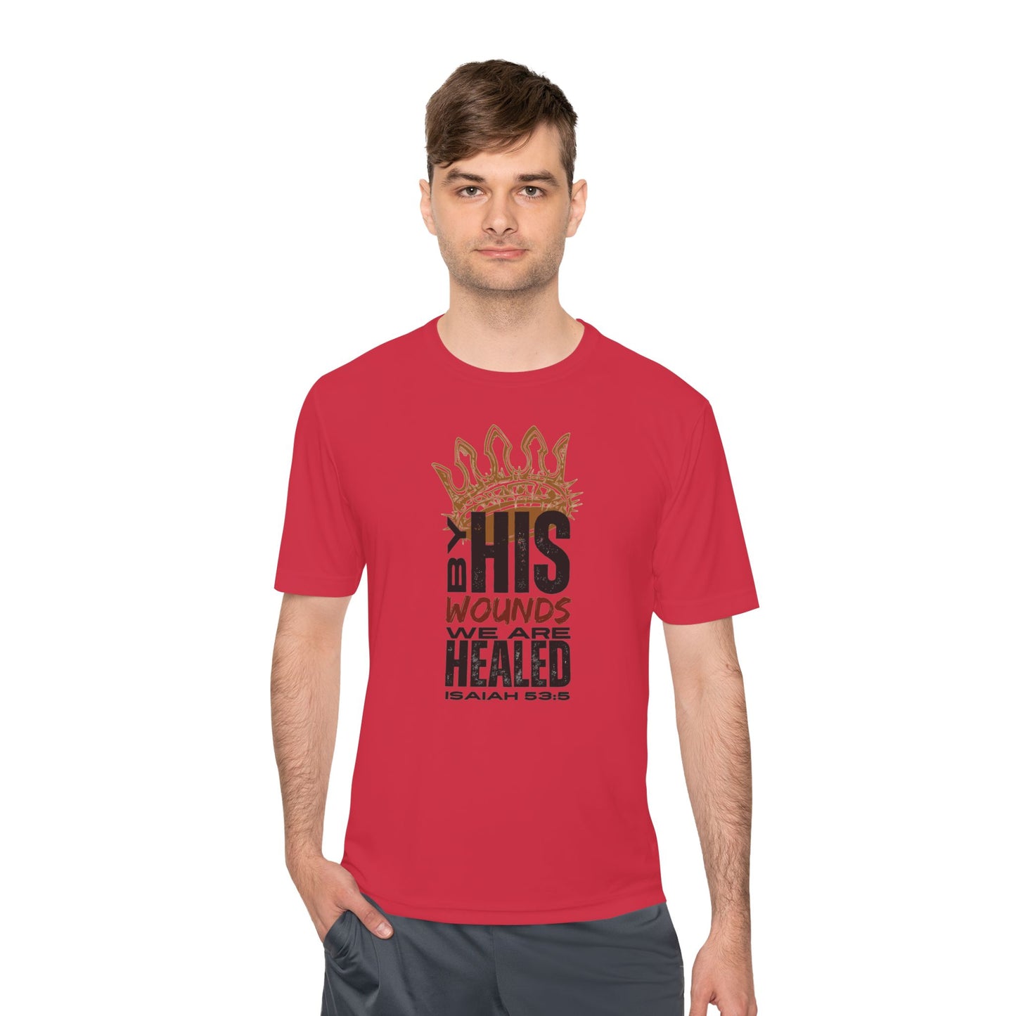 Isaiah 53:5 active wear sports tee in red with healing message for fitness enthusiasts