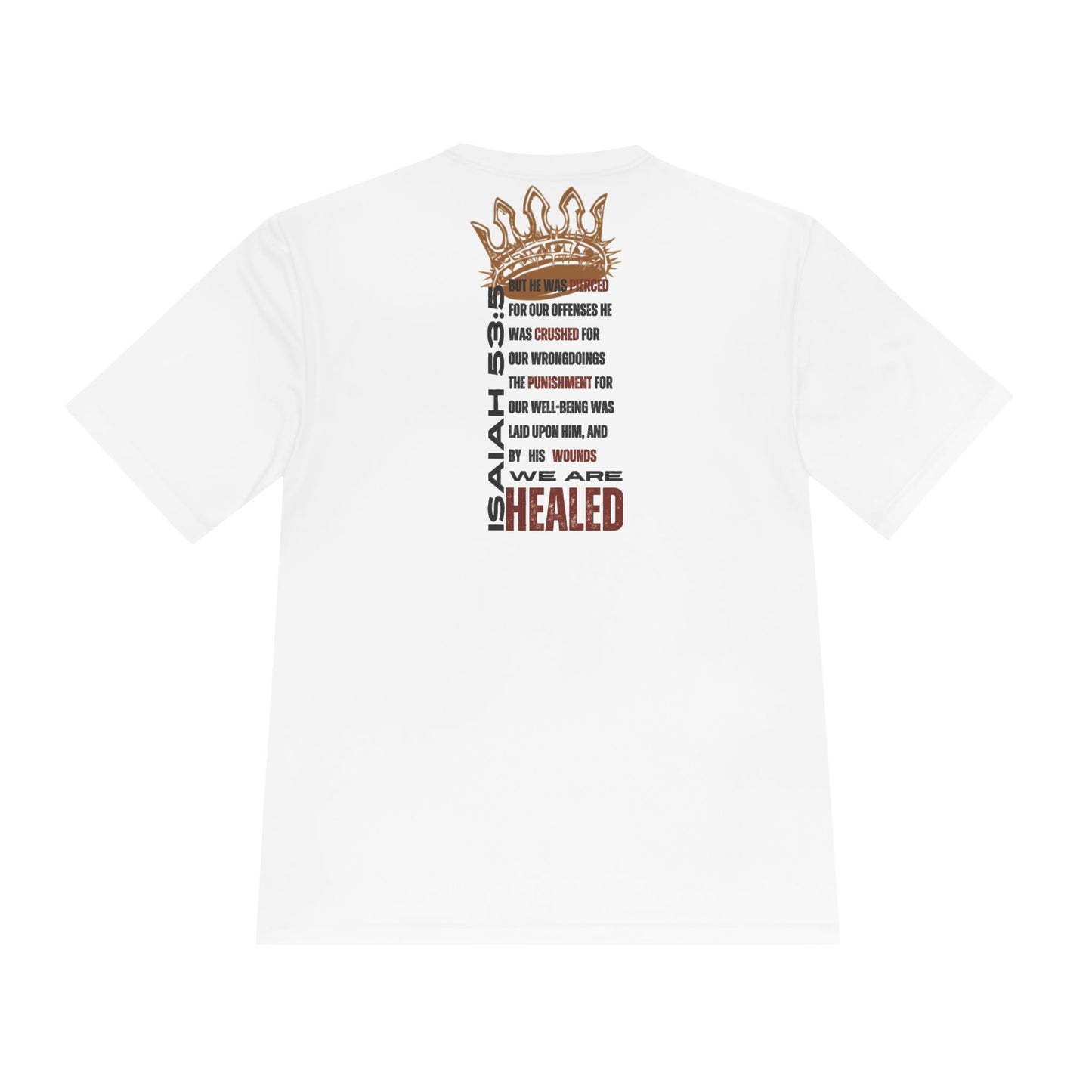 Isaiah 53:5 active wear sports tee featuring a crown design and inspirational text on the back