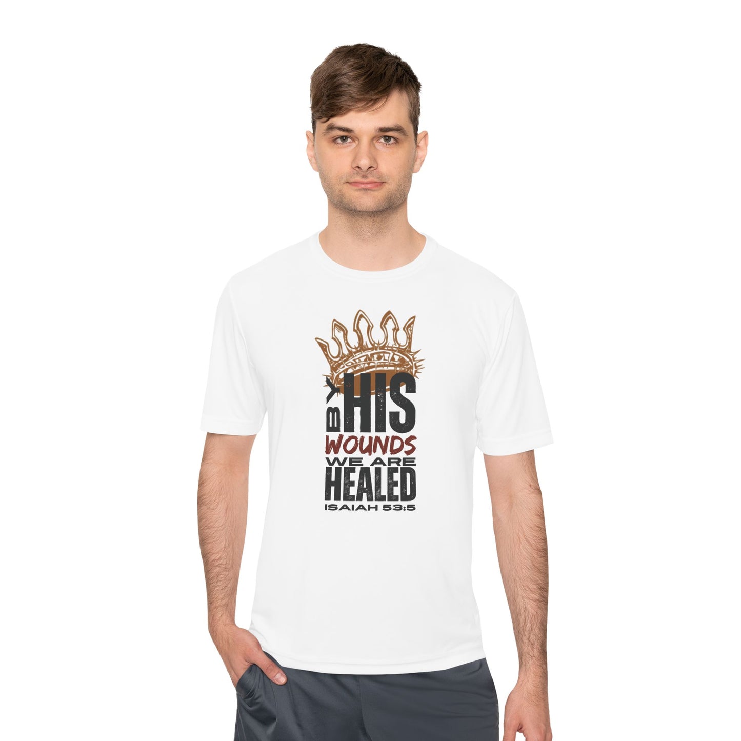 White active wear sports tee featuring Isaiah 53:5 graphic design for comfortable workouts