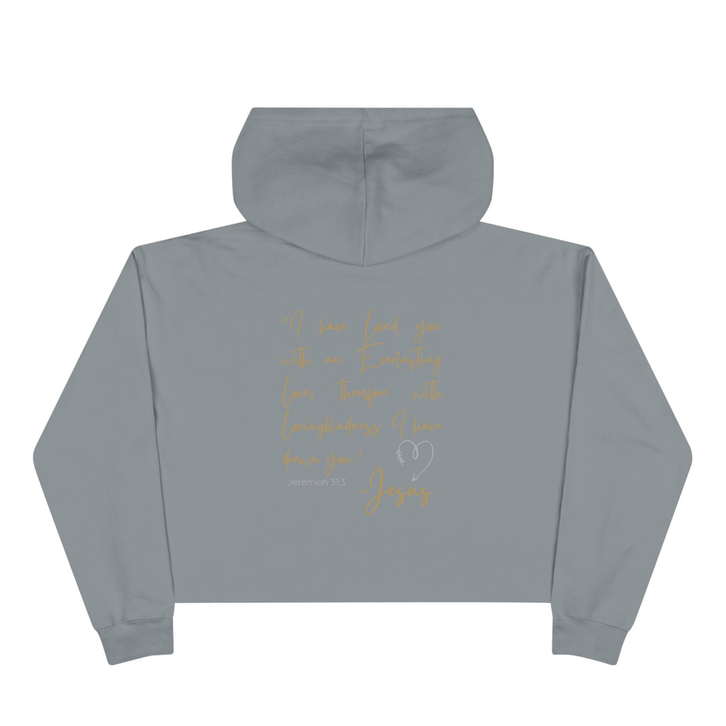 Back view of gray Jesus Loves Me crop hoodie from Logos with religious text and heart design