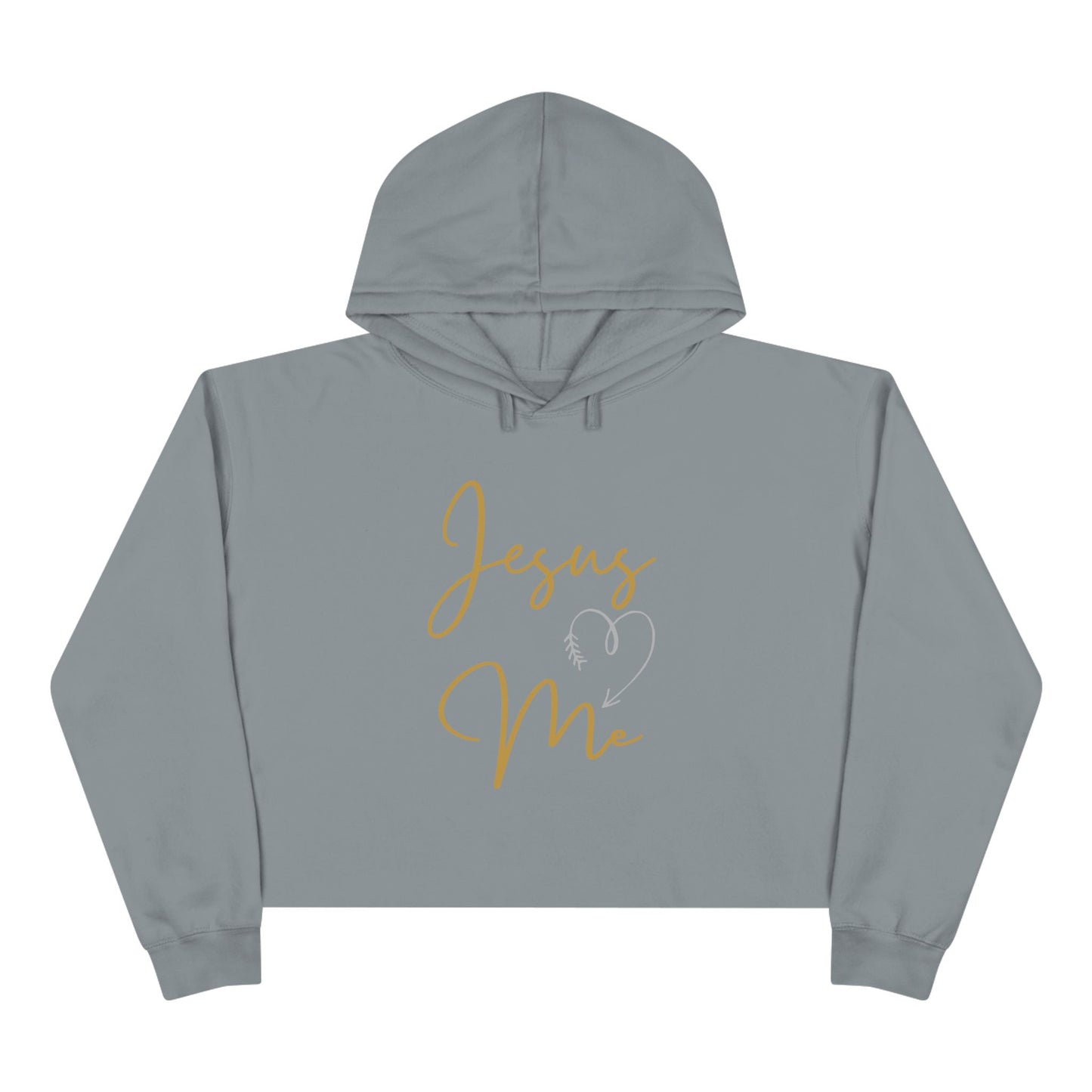 Gray Jesus Loves Me crop hoodie with yellow script and heart design by Logos Co.