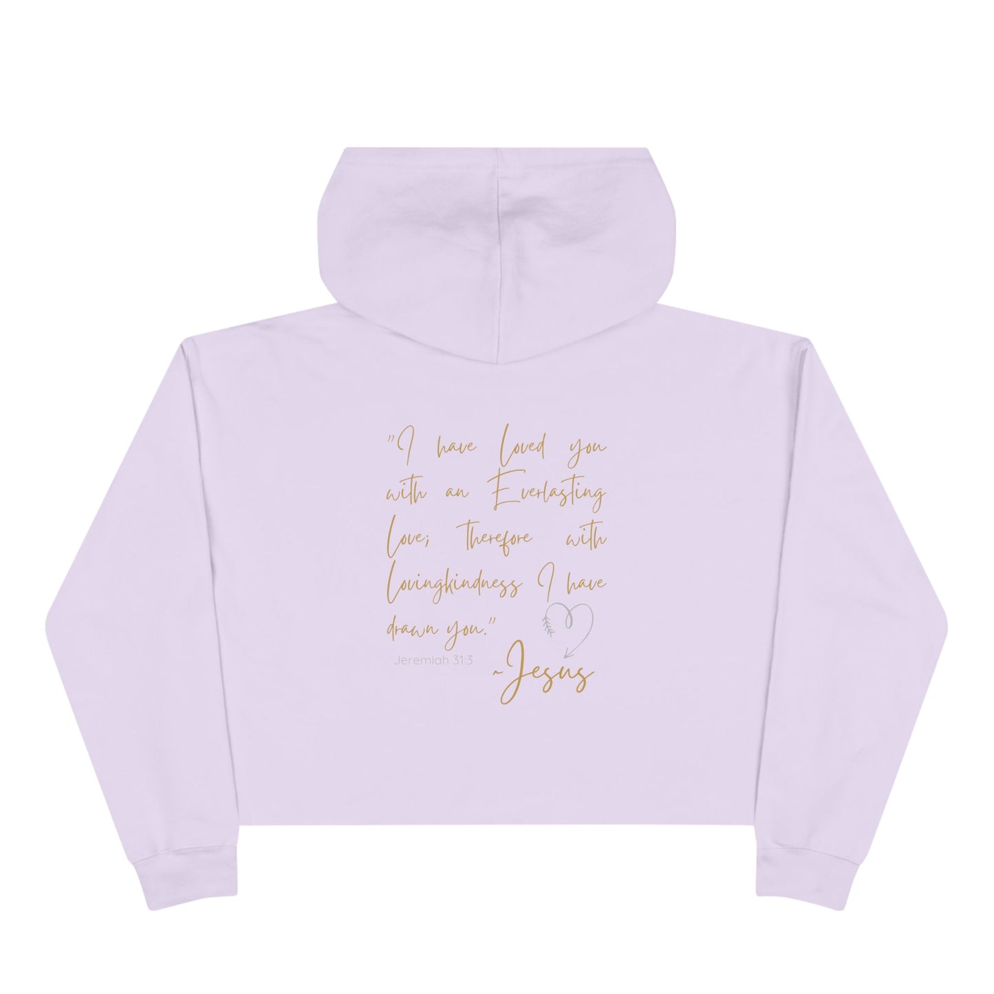 Back view of lavender Jesus Loves Me crop hoodie with gold script religious text and a hood