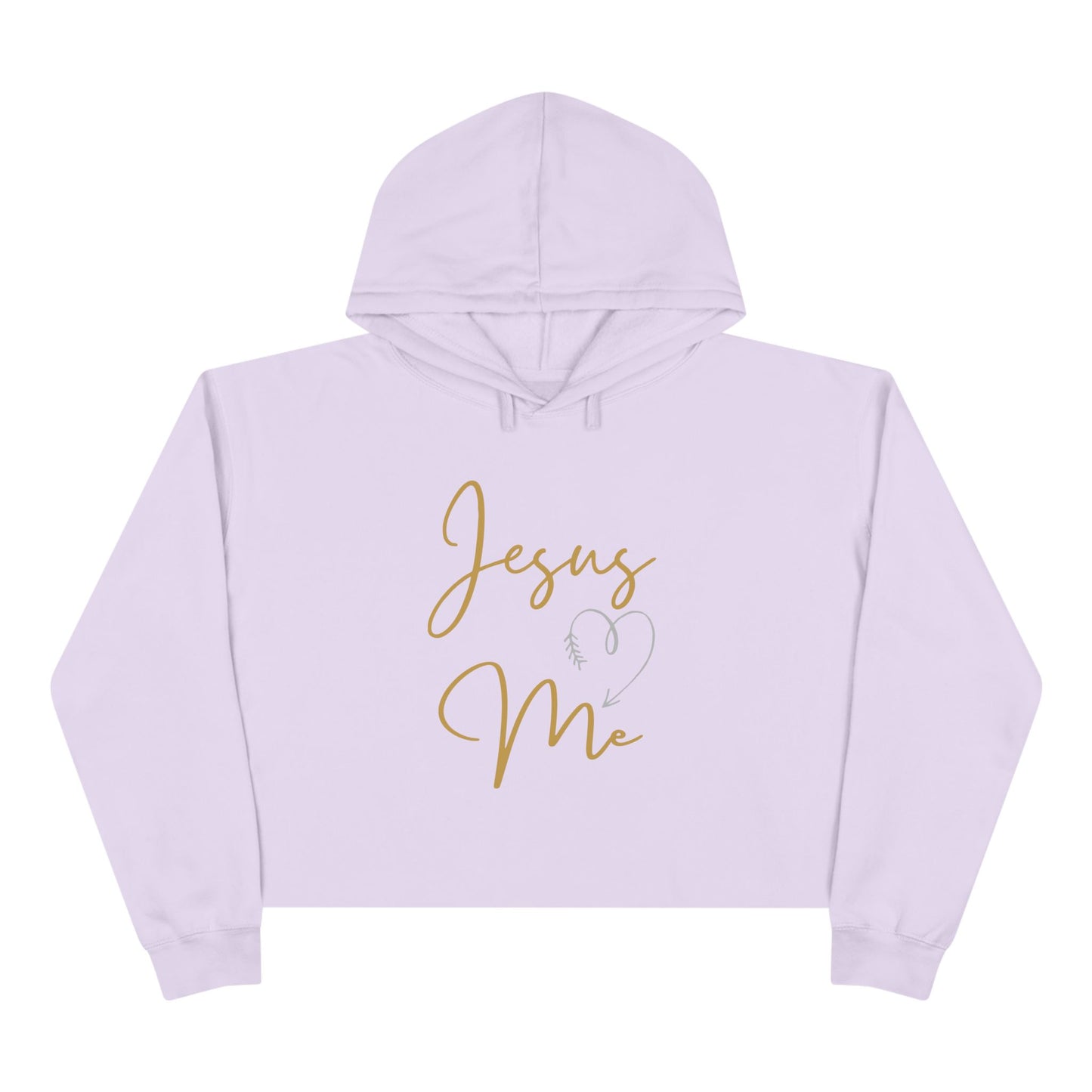 Lavender Jesus Loves Me crop hoodie with gold script text and heart design from Logos