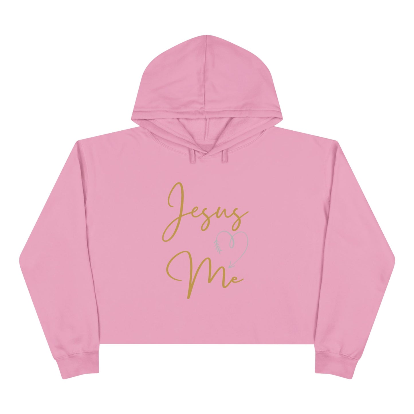 Pink Jesus Loves Me crop hoodie with gold script design and hood from Logos Co.
