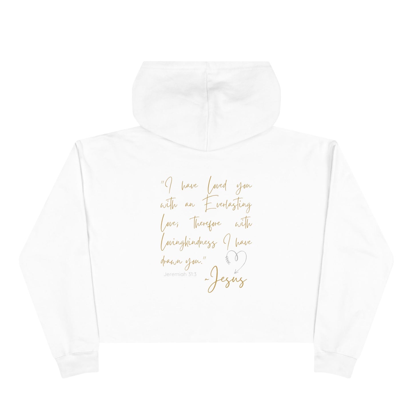 White Jesus Loves Me crop hoodie with gold script Bible verse and heart design on back