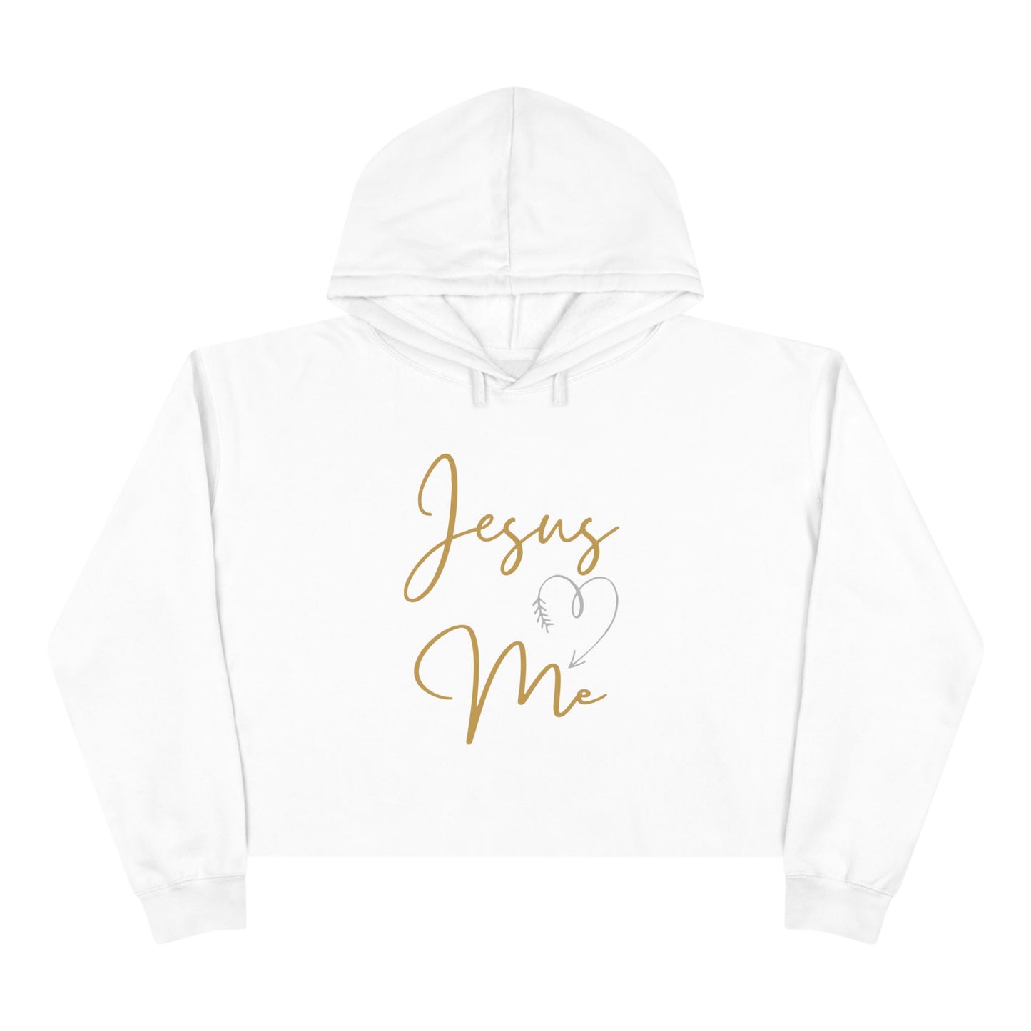 White Jesus Loves Me crop hoodie with gold script and heart design by Logos