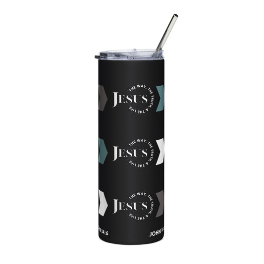Stainless steel tumbler featuring Jesus The Way, Truth, & Life design on a black background, front view