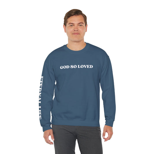 Blue John 3:16 sweatshirt with 'God So Loved' text on the front and sleeve
