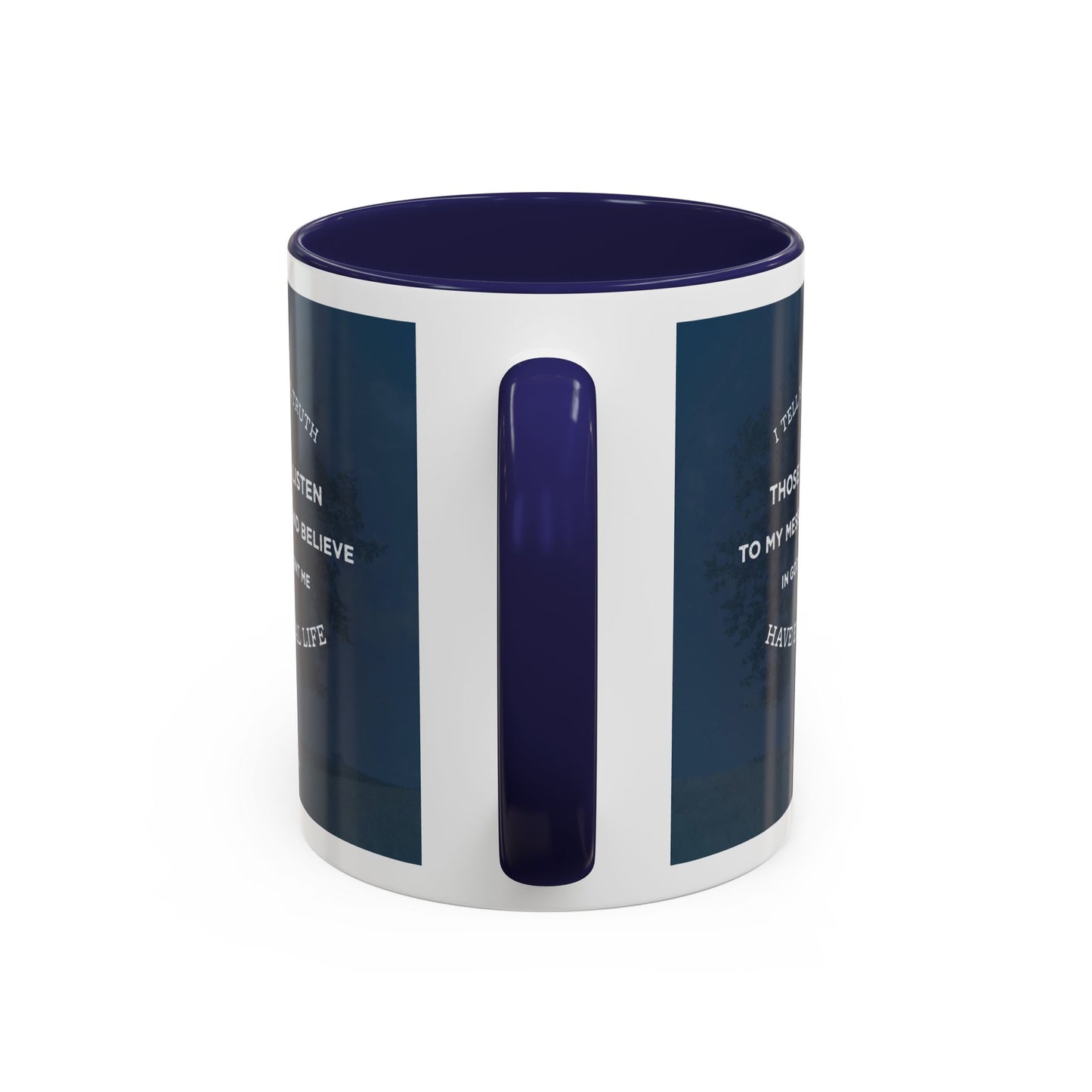 John 5:24 scripture mug by Logos with dark blue interior and handle featuring Bible verse design