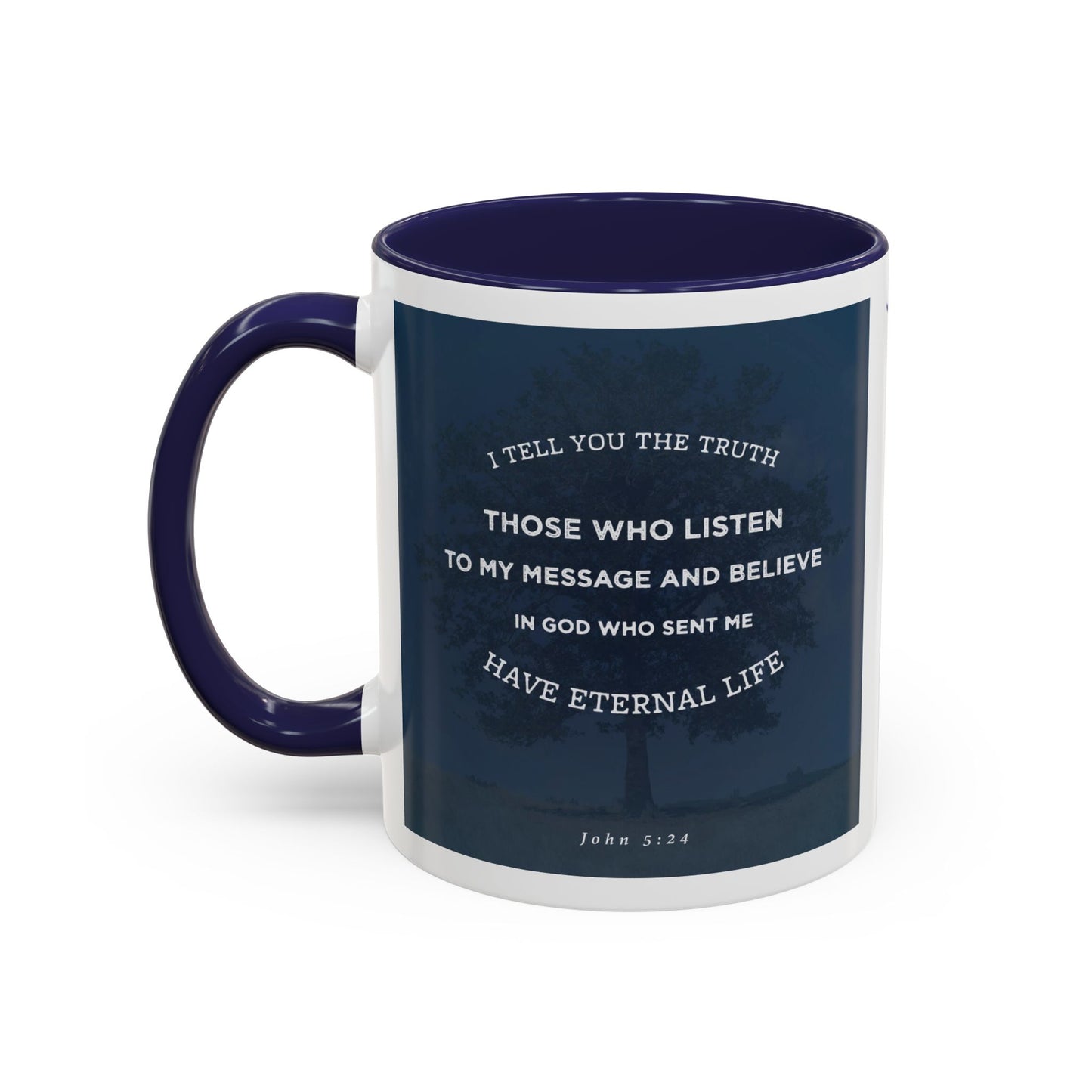 John 5:24 scripture mug with navy blue interior and handle featuring inspirational Bible verse design